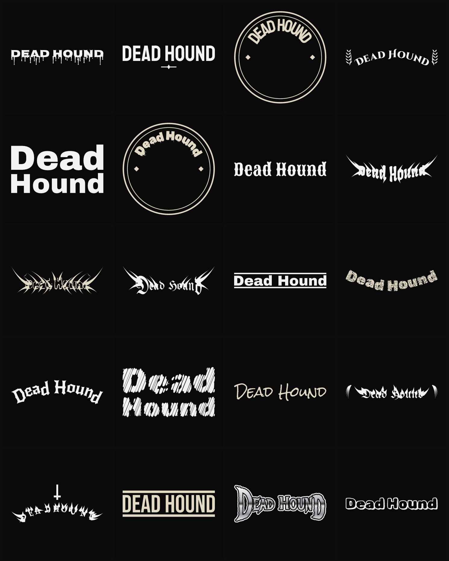 Twenty Dead Hound band logo ideas — different faces, treatments and spike settings