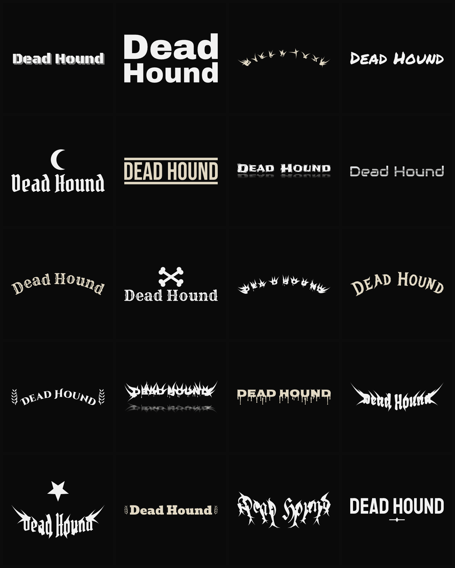 Twenty Dead Hound band logo ideas — different faces, treatments and spike settings