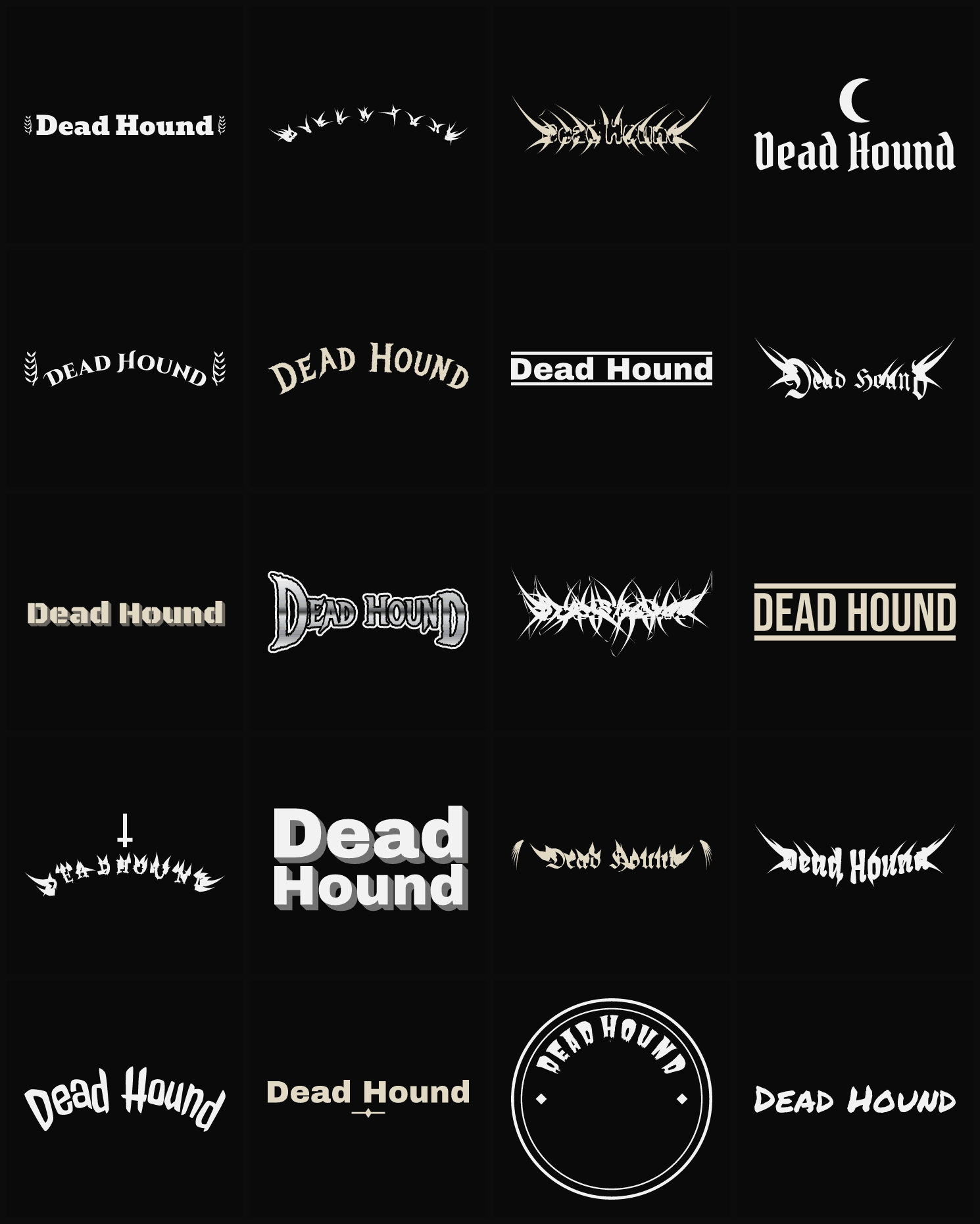 Twenty Dead Hound band logo ideas — different faces, treatments and spike settings