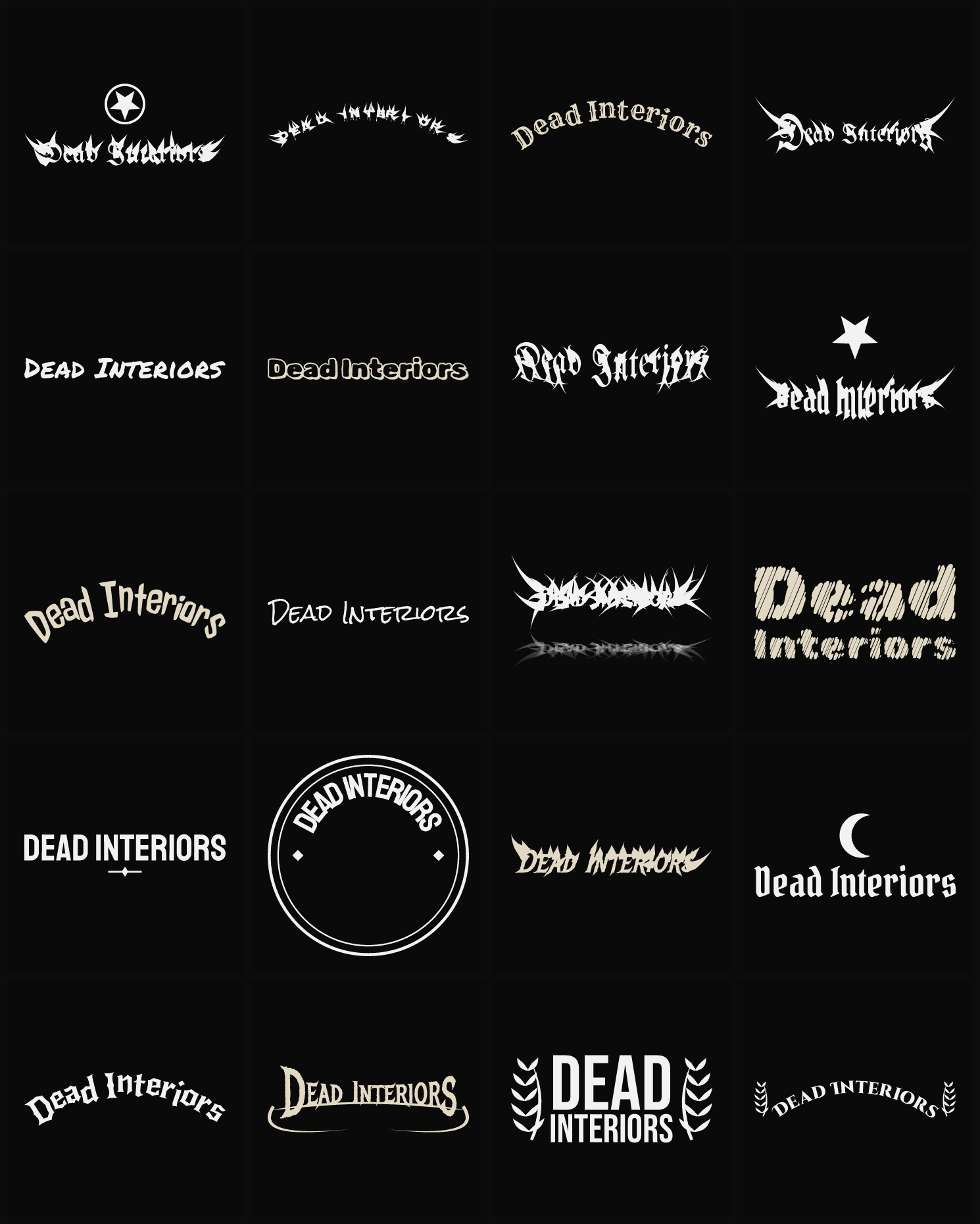 Twenty Dead Interiors band logo ideas — different faces, treatments and spike settings