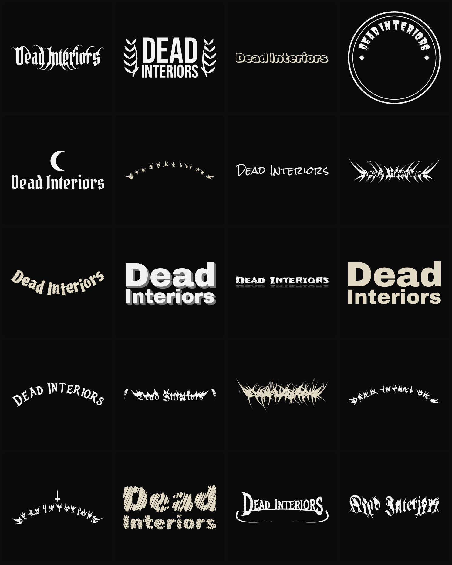 Twenty Dead Interiors band logo ideas — different faces, treatments and spike settings