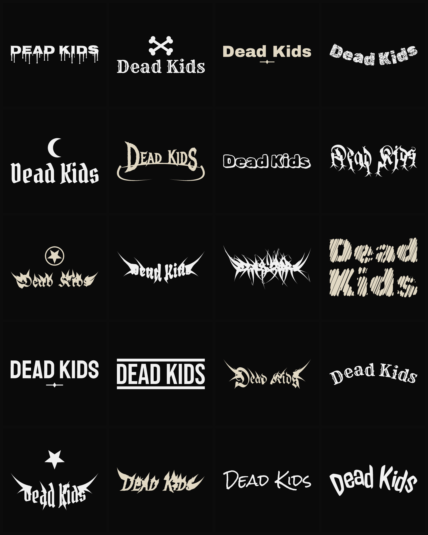 Twenty Dead Kids band logo ideas — different faces, treatments and spike settings