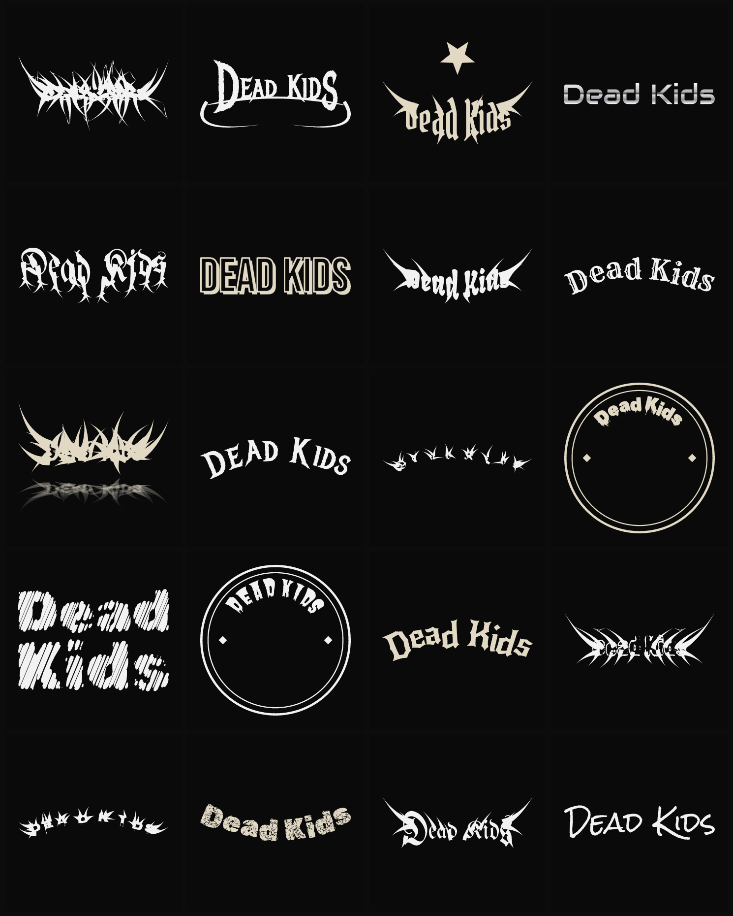 Twenty Dead Kids band logo ideas — different faces, treatments and spike settings