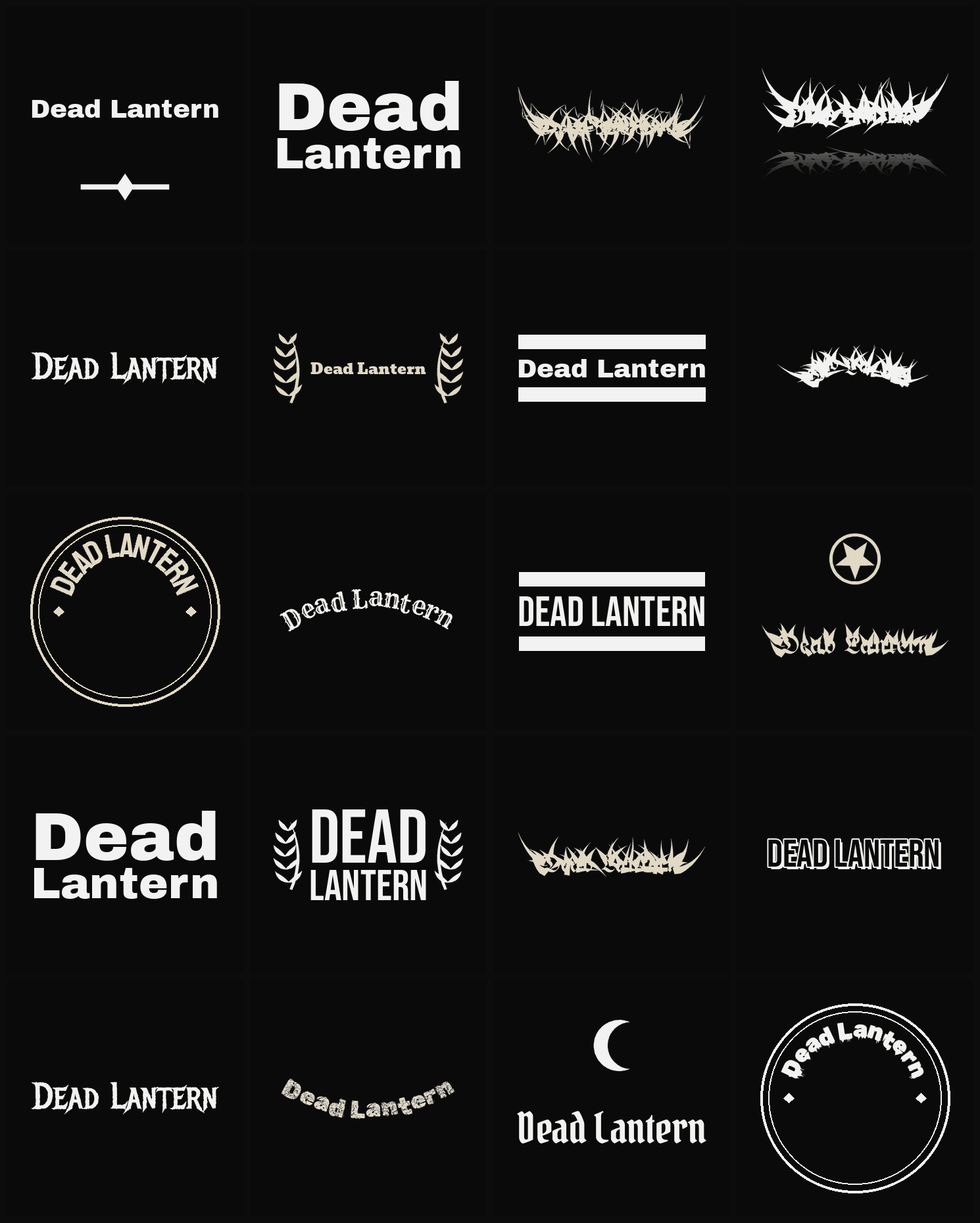 Twenty Dead Lantern band logo ideas — different faces, treatments and spike settings