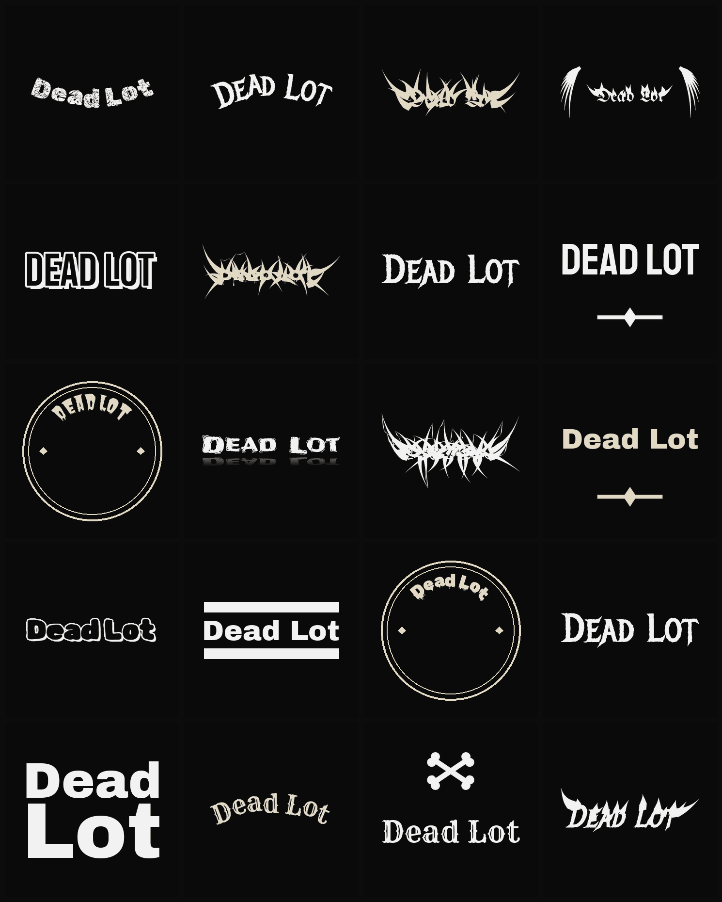 Twenty Dead Lot band logo ideas — different faces, treatments and spike settings