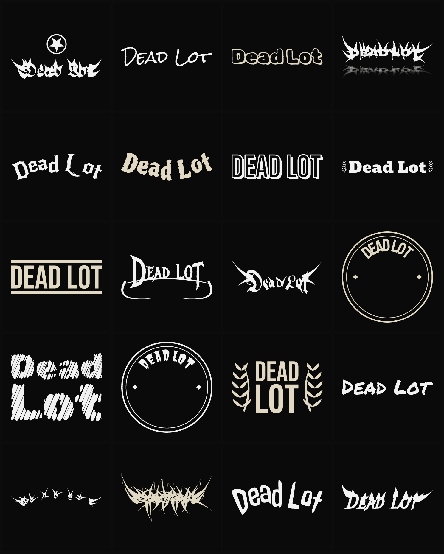 Twenty Dead Lot band logo ideas — different faces, treatments and spike settings