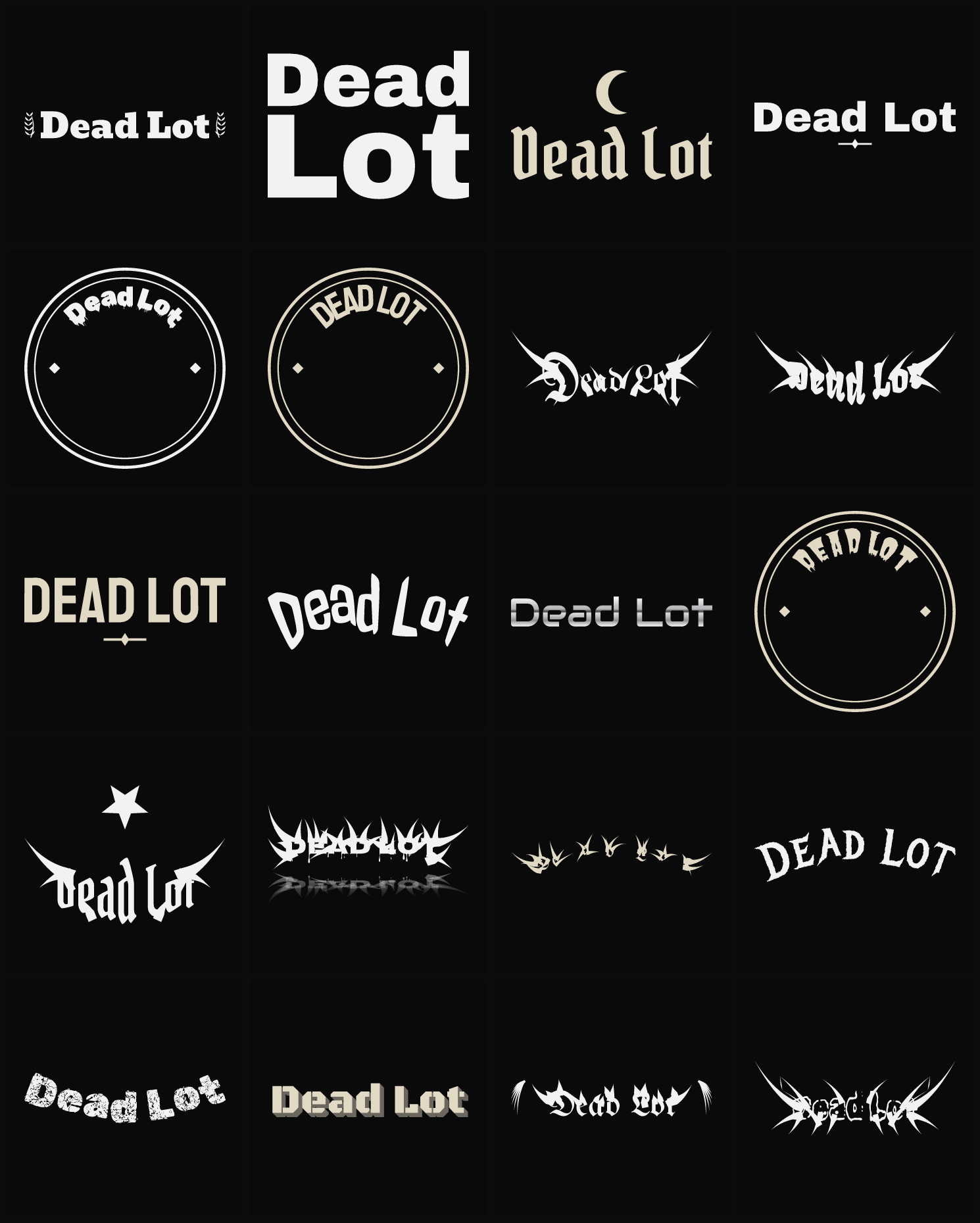 Twenty Dead Lot band logo ideas — different faces, treatments and spike settings