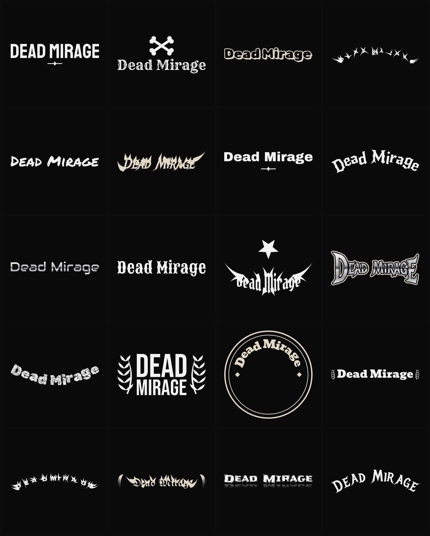 Twenty Dead Mirage band logo ideas — different faces, treatments and spike settings