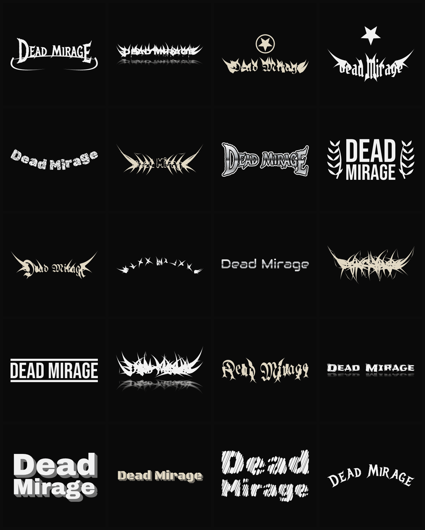 Twenty Dead Mirage band logo ideas — different faces, treatments and spike settings