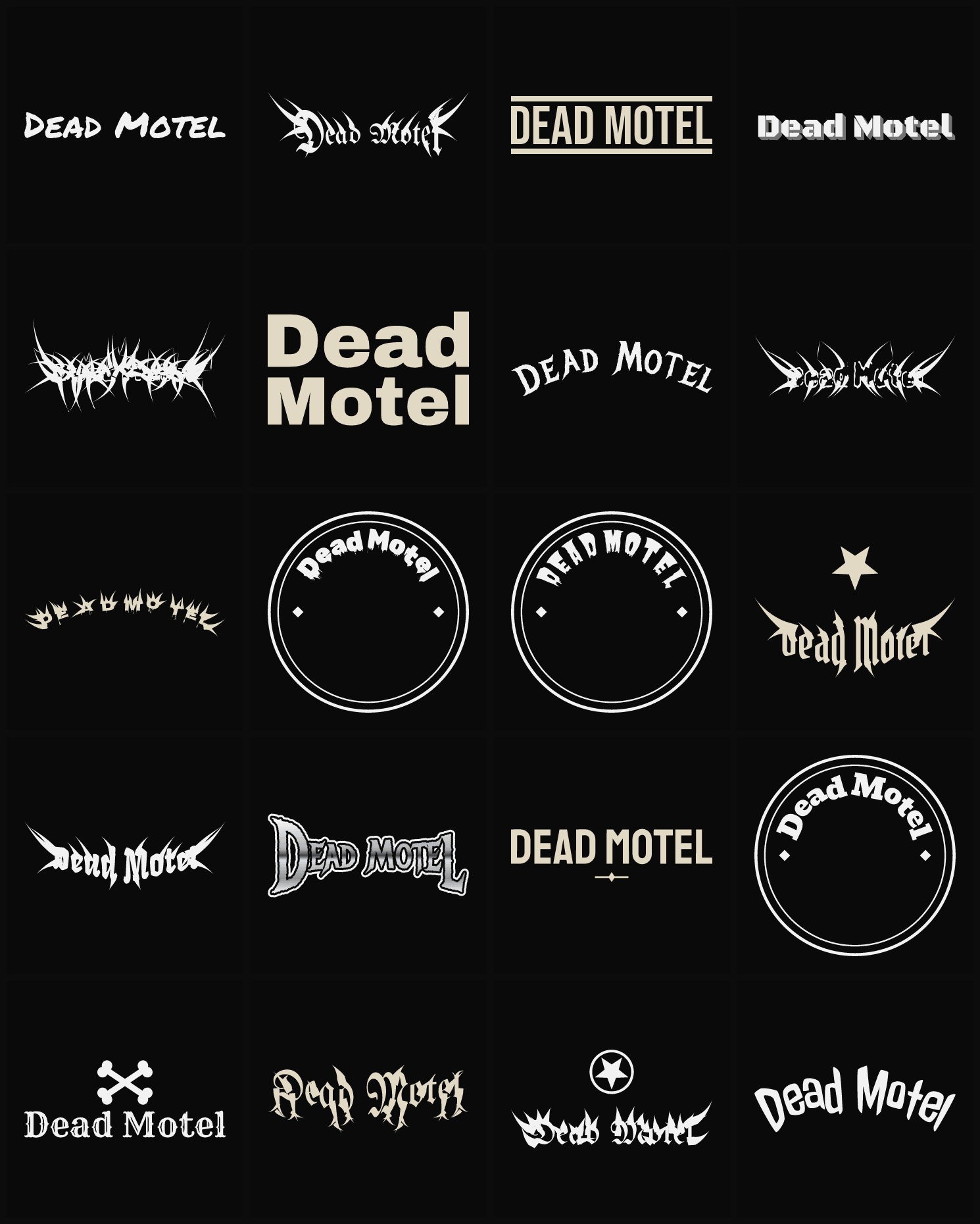 Twenty Dead Motel band logo ideas — different faces, treatments and spike settings