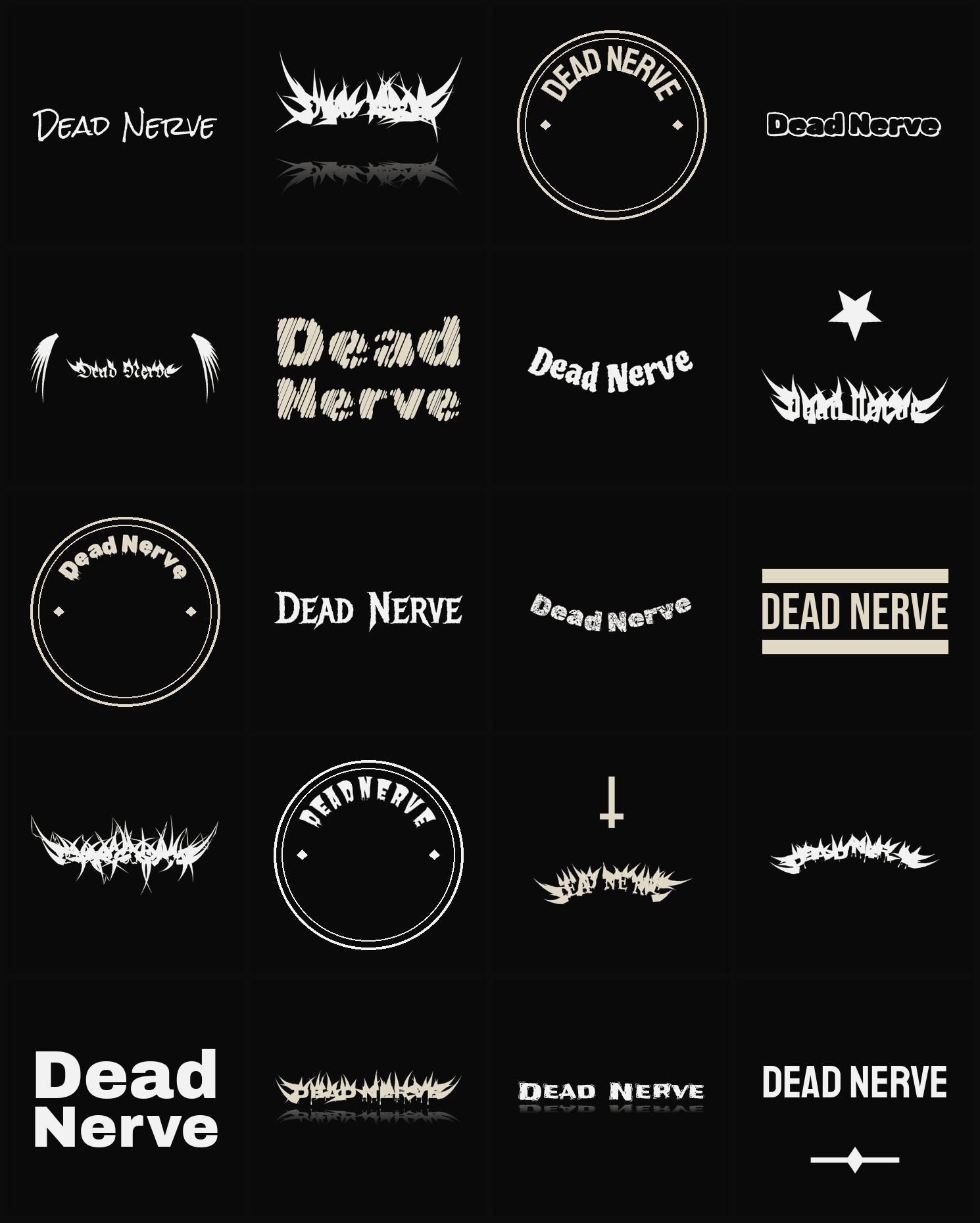 Twenty Dead Nerve band logo ideas — different faces, treatments and spike settings