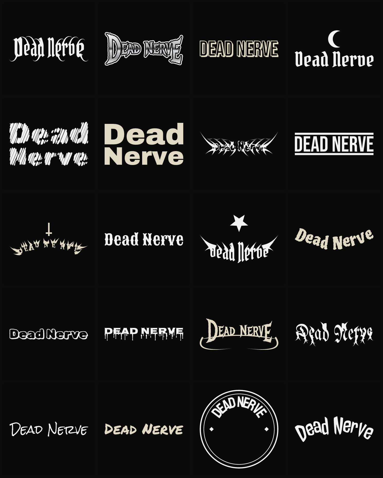 Twenty Dead Nerve band logo ideas — different faces, treatments and spike settings