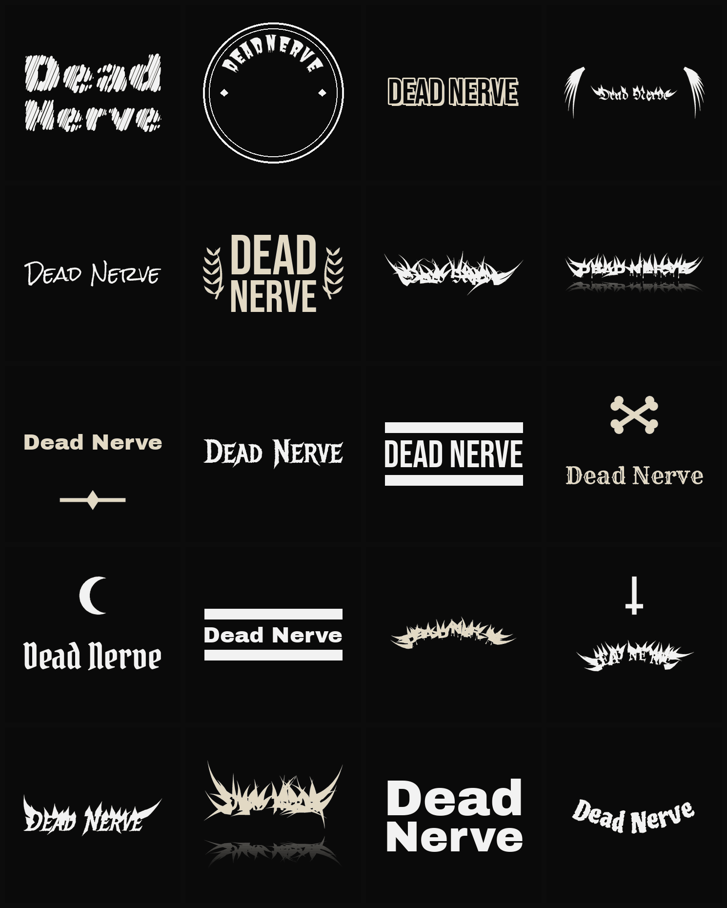 Twenty Dead Nerve band logo ideas — different faces, treatments and spike settings