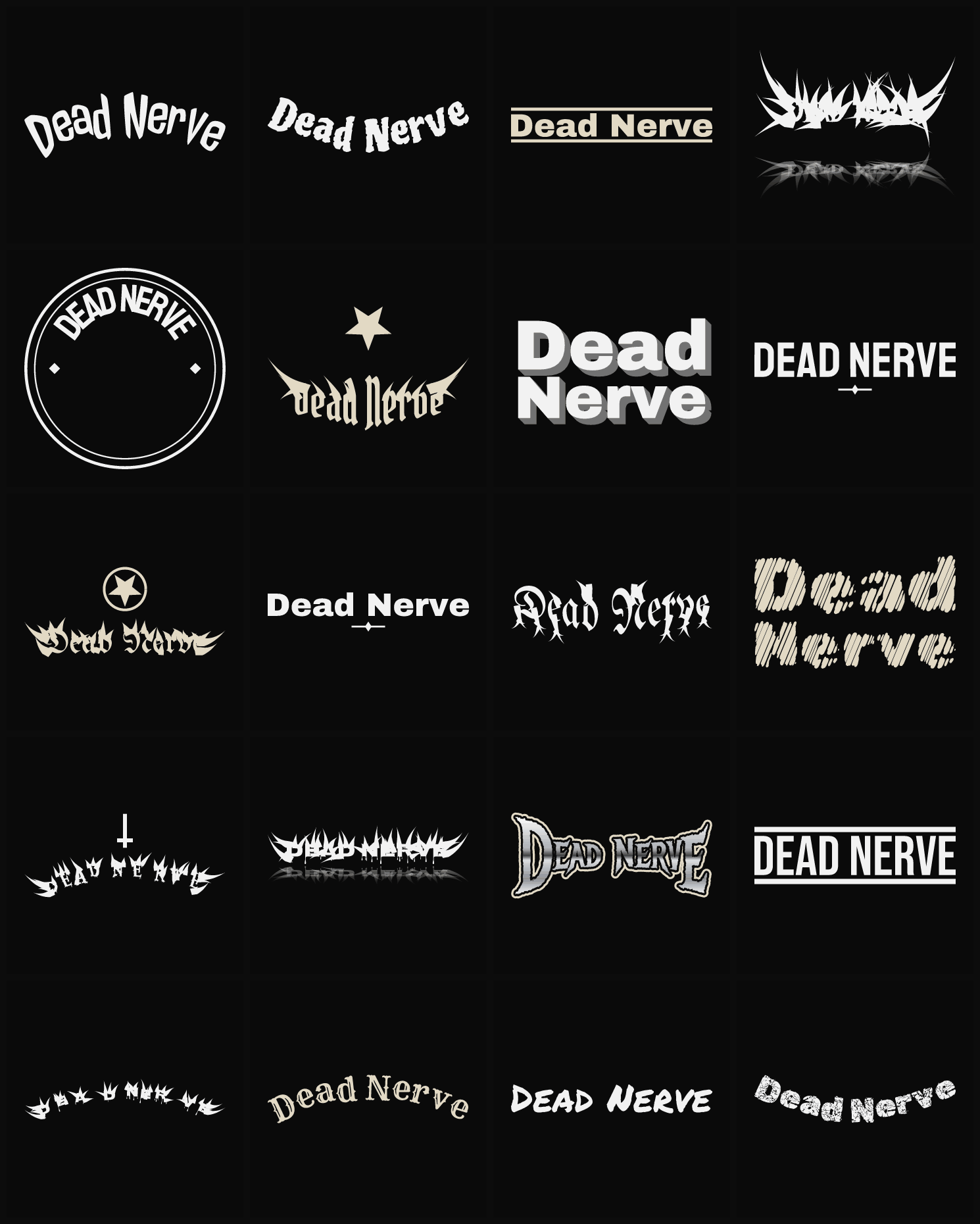 Twenty Dead Nerve band logo ideas — different faces, treatments and spike settings