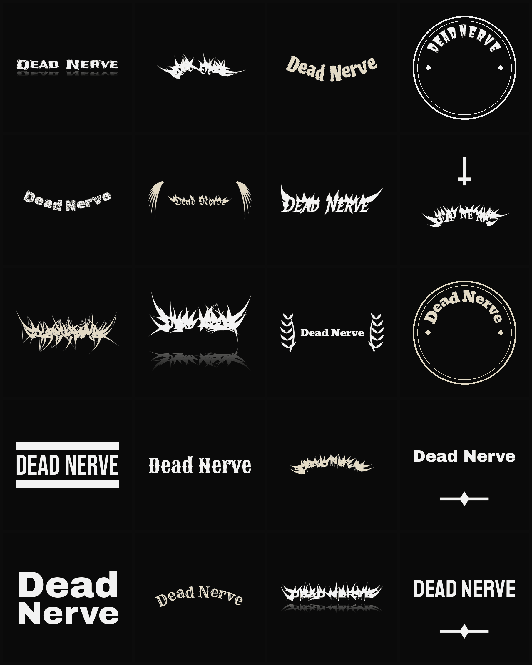 Twenty Dead Nerve band logo ideas — different faces, treatments and spike settings