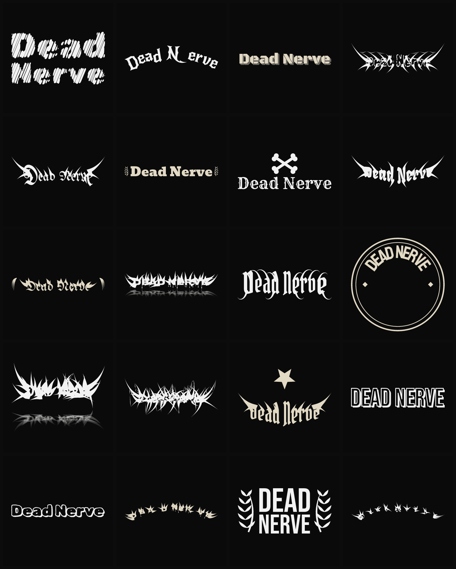 Twenty Dead Nerve band logo ideas — different faces, treatments and spike settings