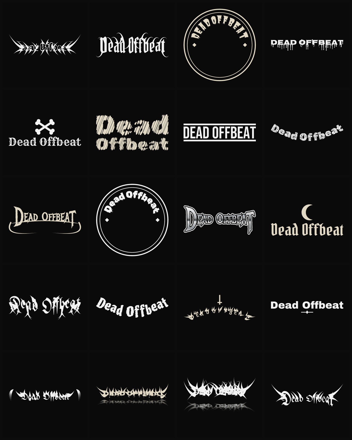 Twenty Dead Offbeat band logo ideas — different faces, treatments and spike settings
