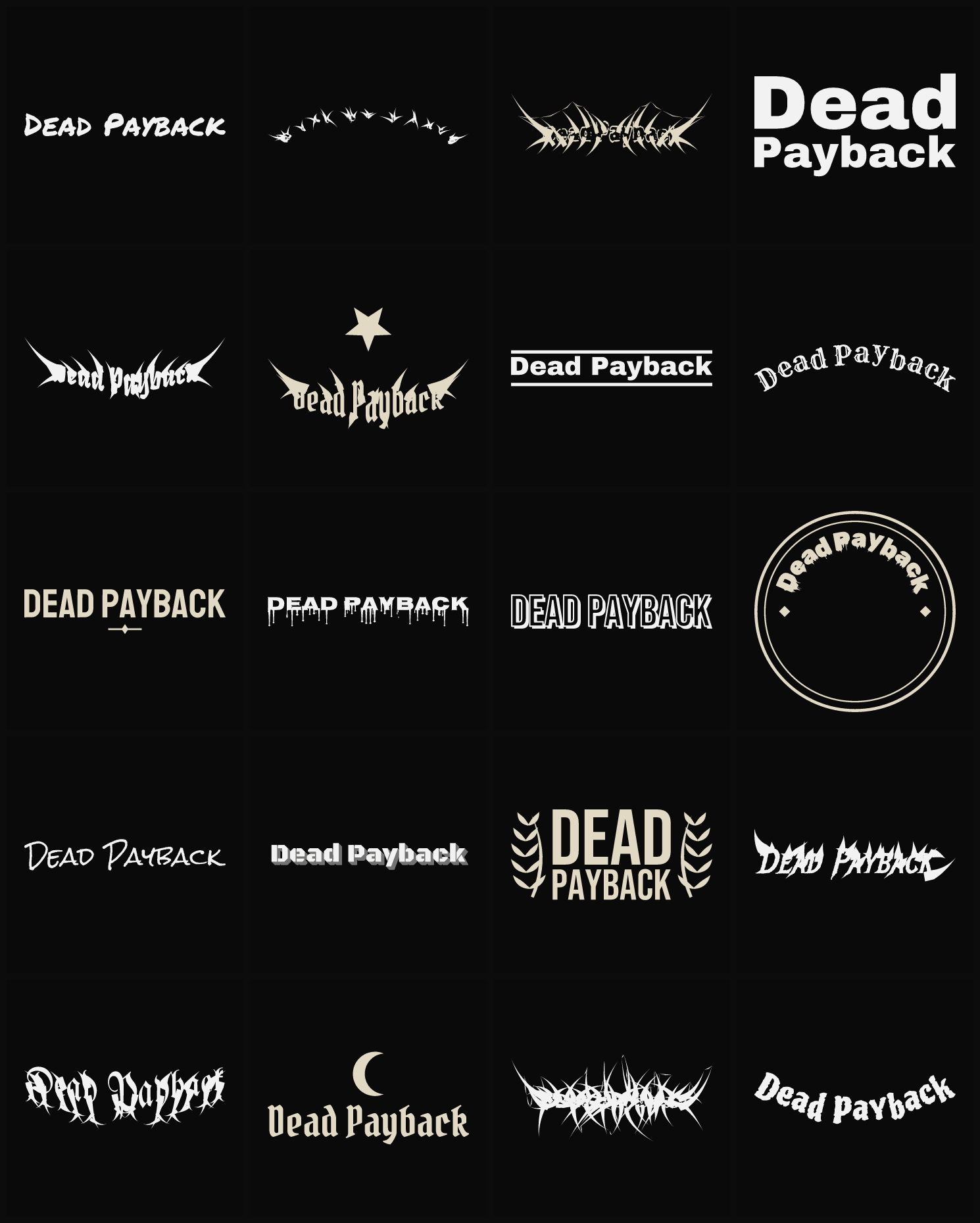 Twenty Dead Payback band logo ideas — different faces, treatments and spike settings