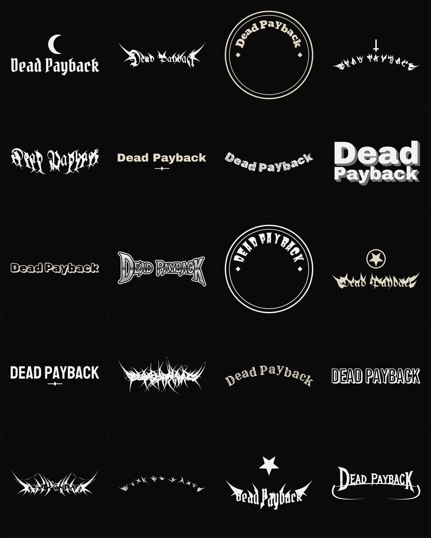 Twenty Dead Payback band logo ideas — different faces, treatments and spike settings