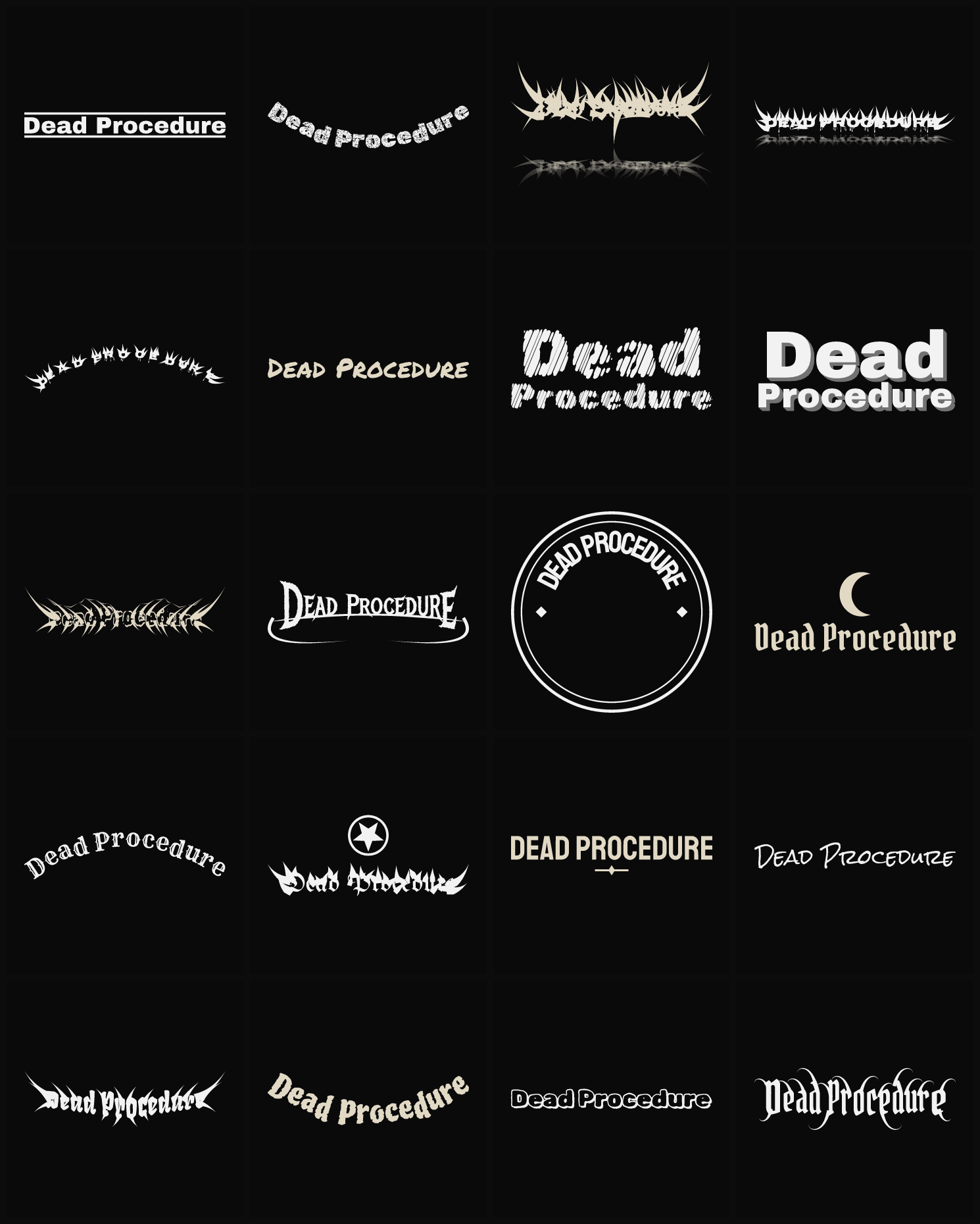 Twenty Dead Procedure band logo ideas — different faces, treatments and spike settings