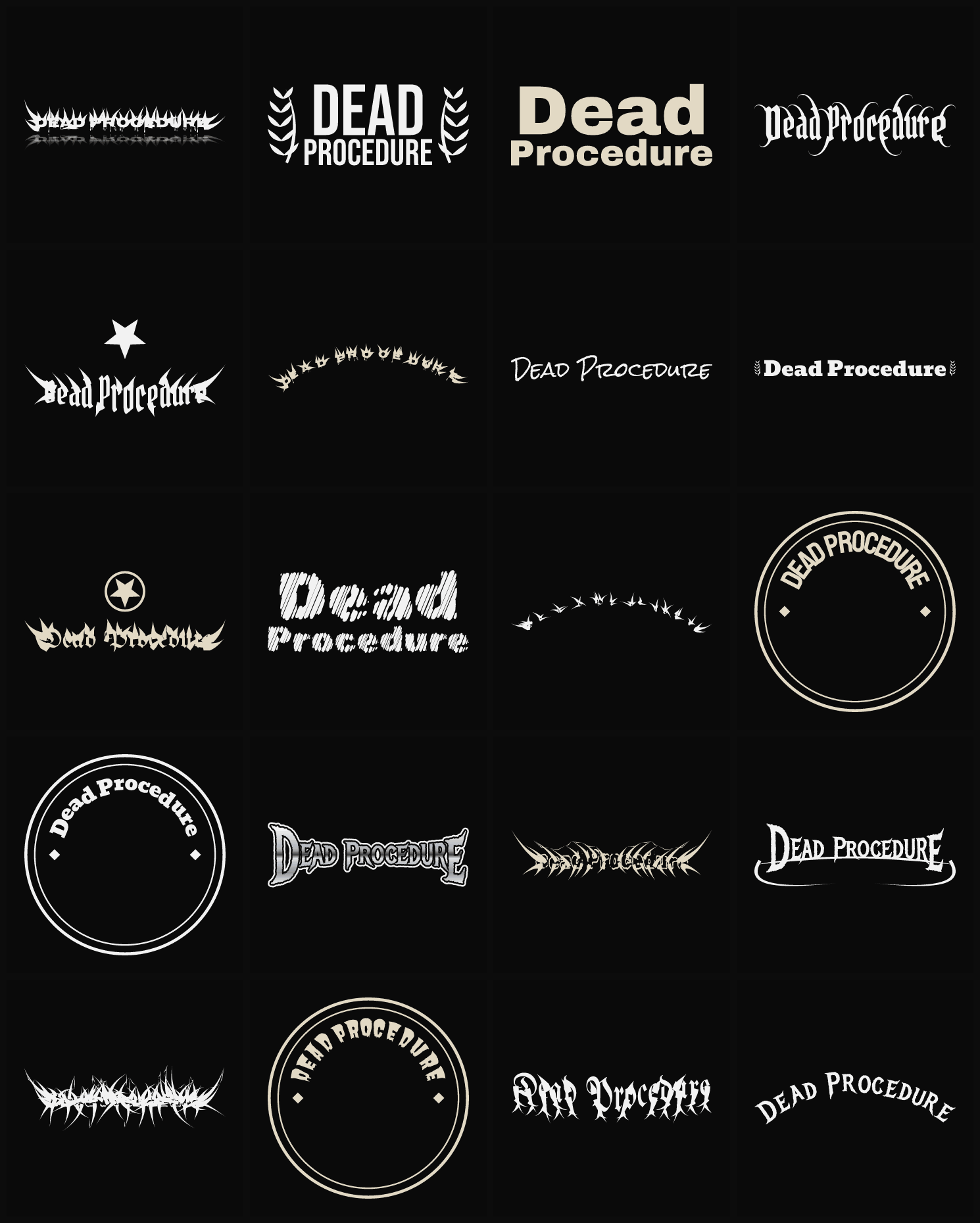 Twenty Dead Procedure band logo ideas — different faces, treatments and spike settings