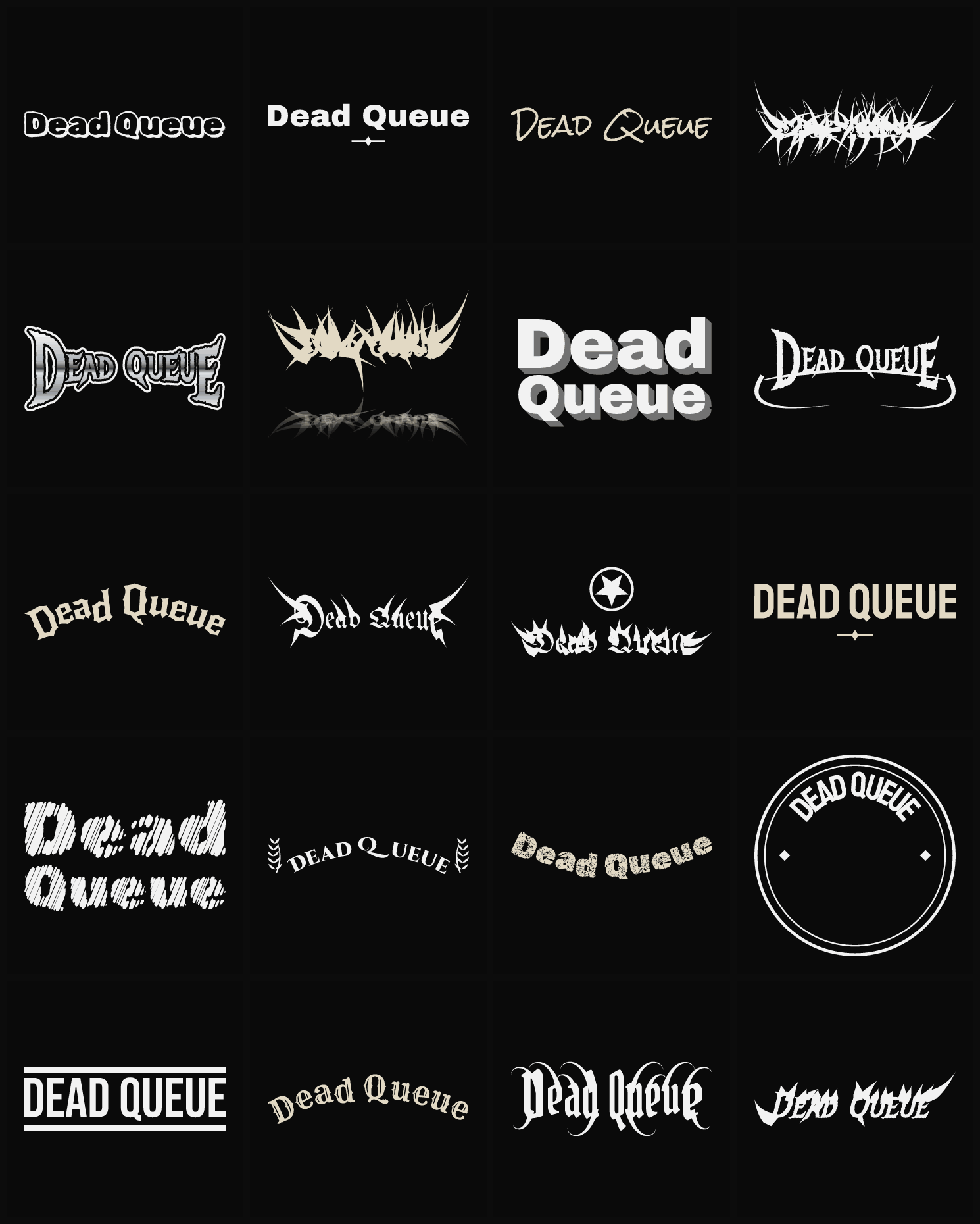 Twenty Dead Queue band logo ideas — different faces, treatments and spike settings
