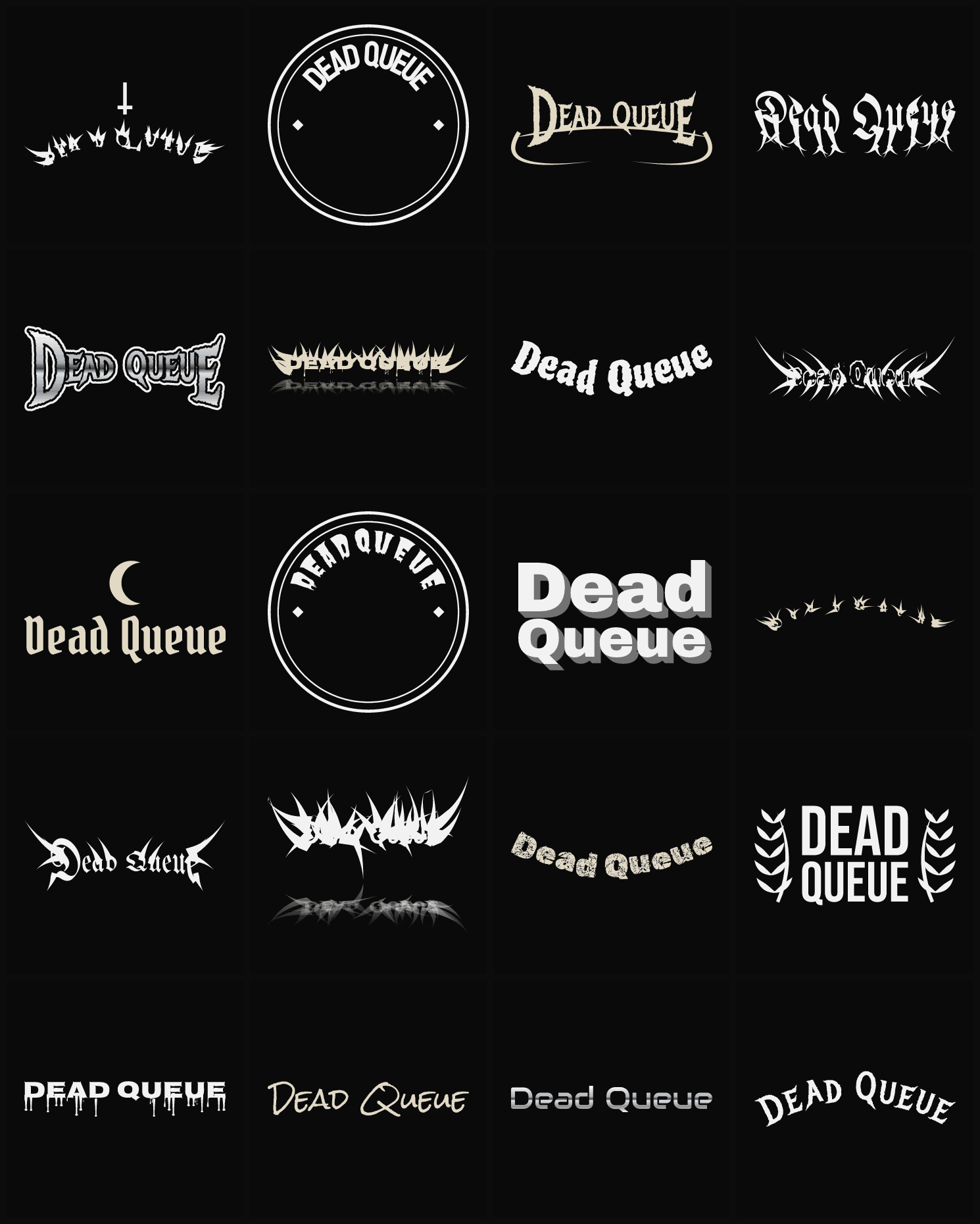 Twenty Dead Queue band logo ideas — different faces, treatments and spike settings