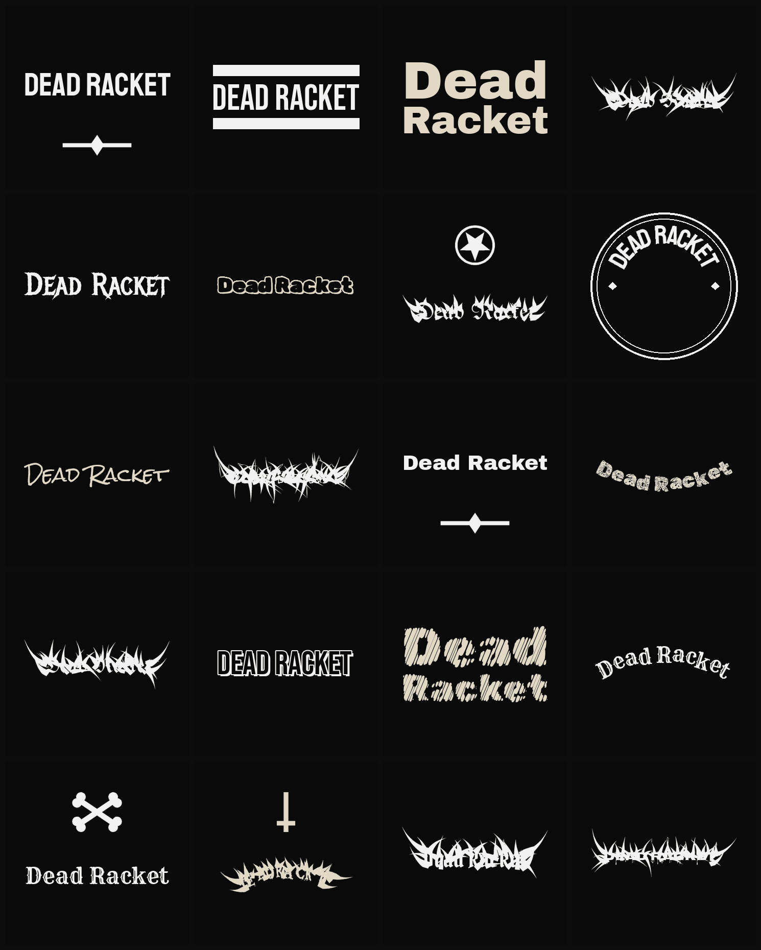 Twenty Dead Racket band logo ideas — different faces, treatments and spike settings