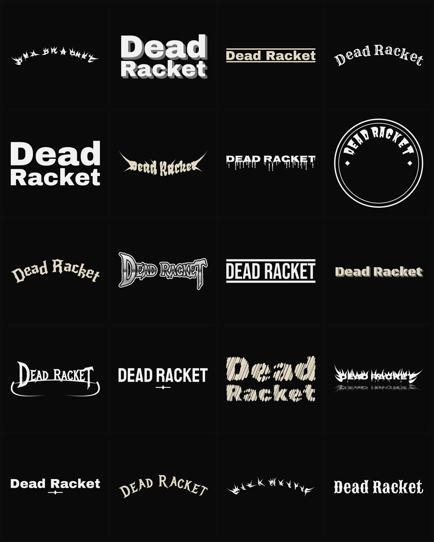 Twenty Dead Racket band logo ideas — different faces, treatments and spike settings