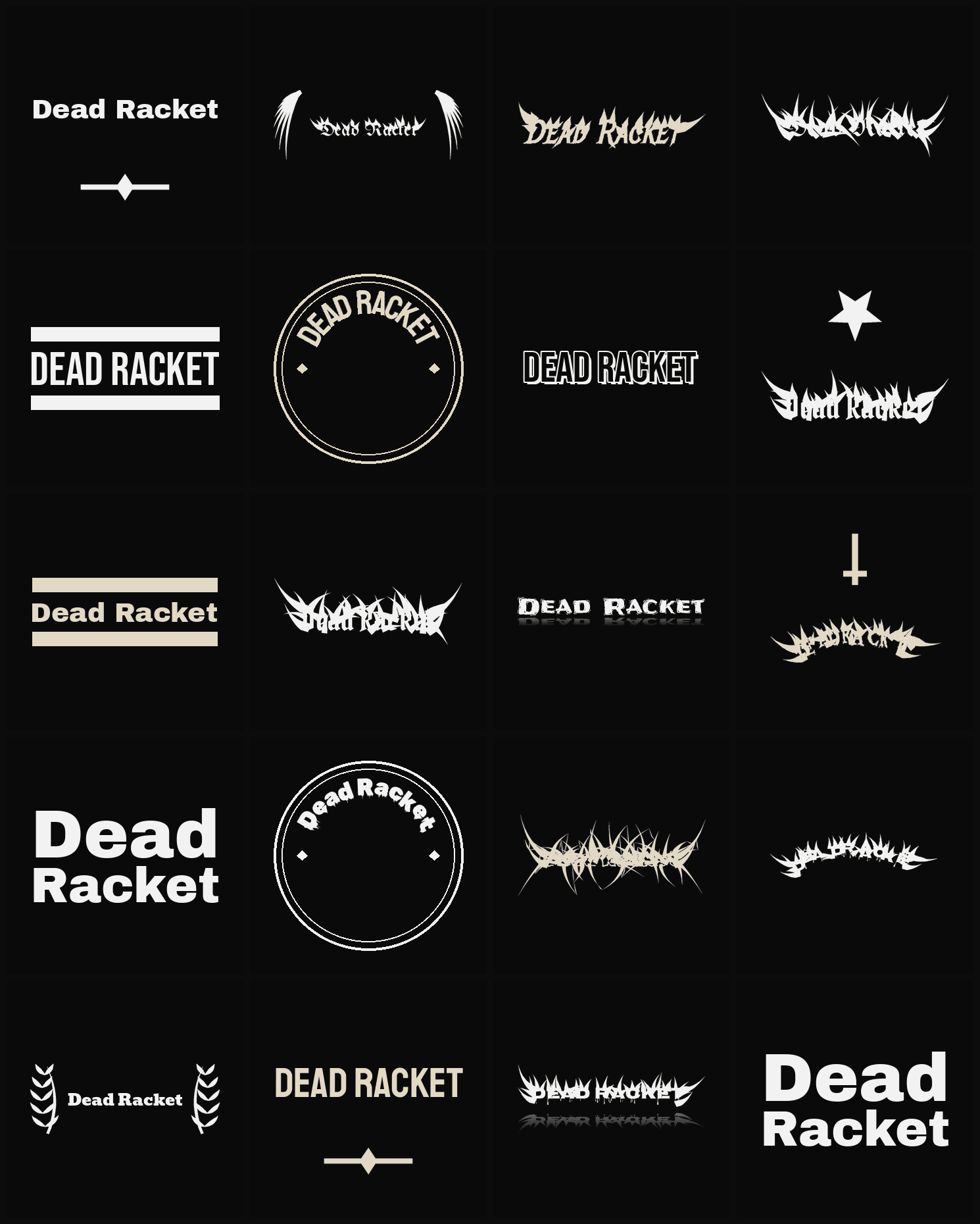 Twenty Dead Racket band logo ideas — different faces, treatments and spike settings