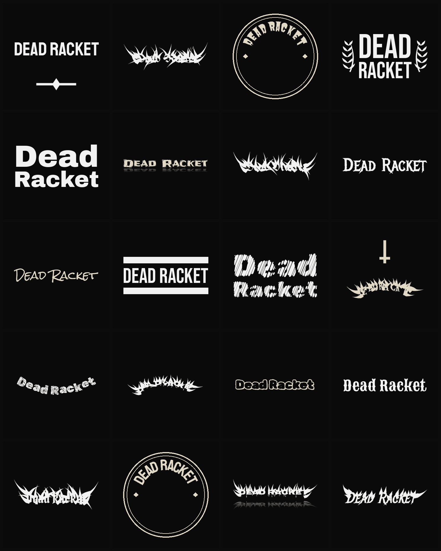 Twenty Dead Racket band logo ideas — different faces, treatments and spike settings
