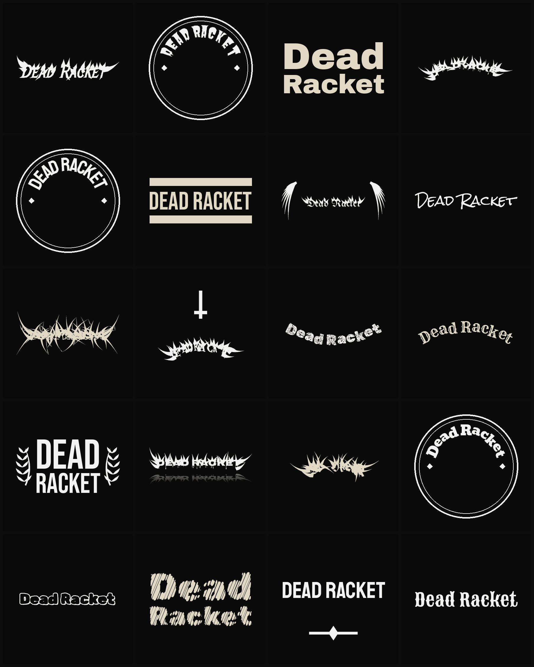 Twenty Dead Racket band logo ideas — different faces, treatments and spike settings