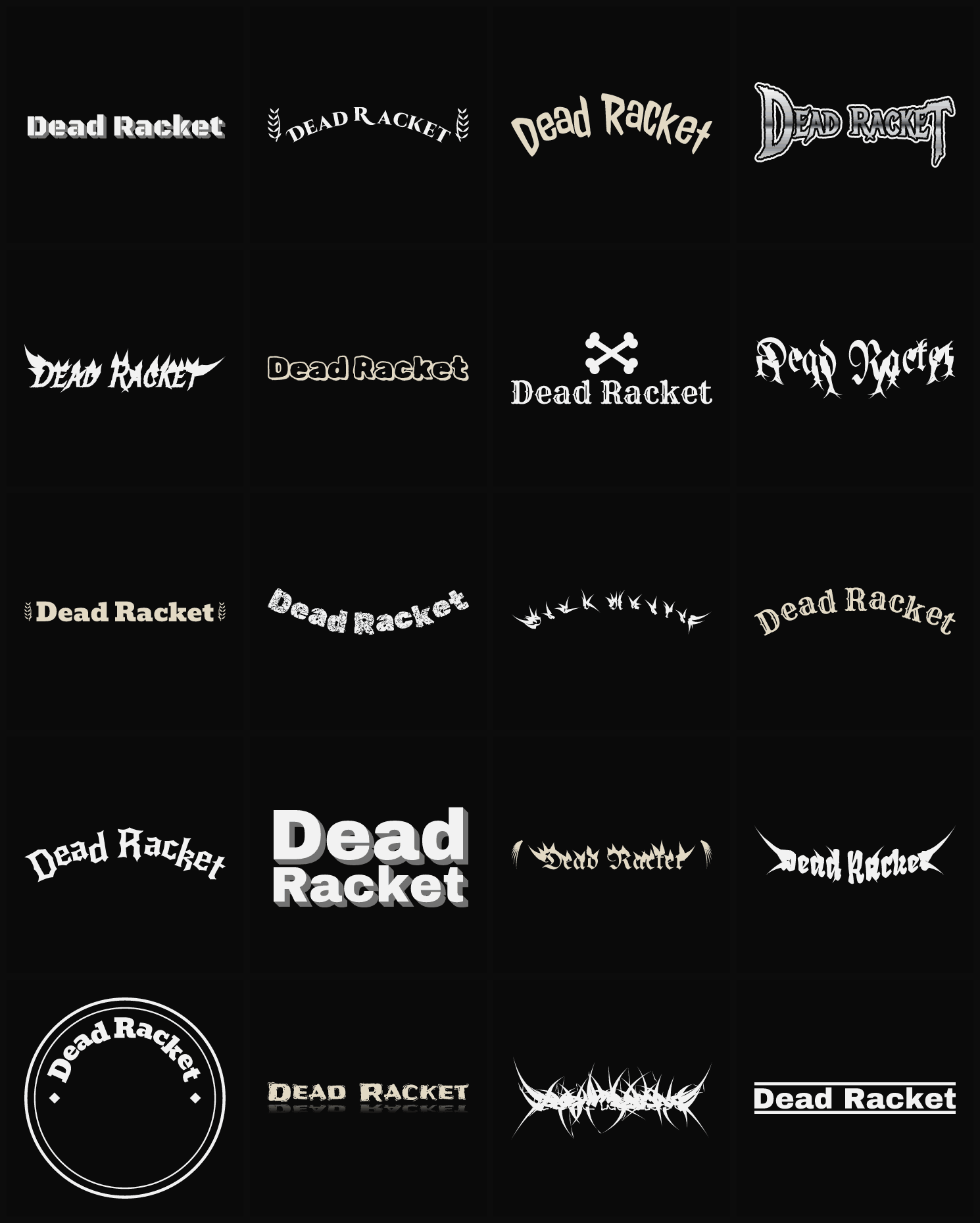 Twenty Dead Racket band logo ideas — different faces, treatments and spike settings