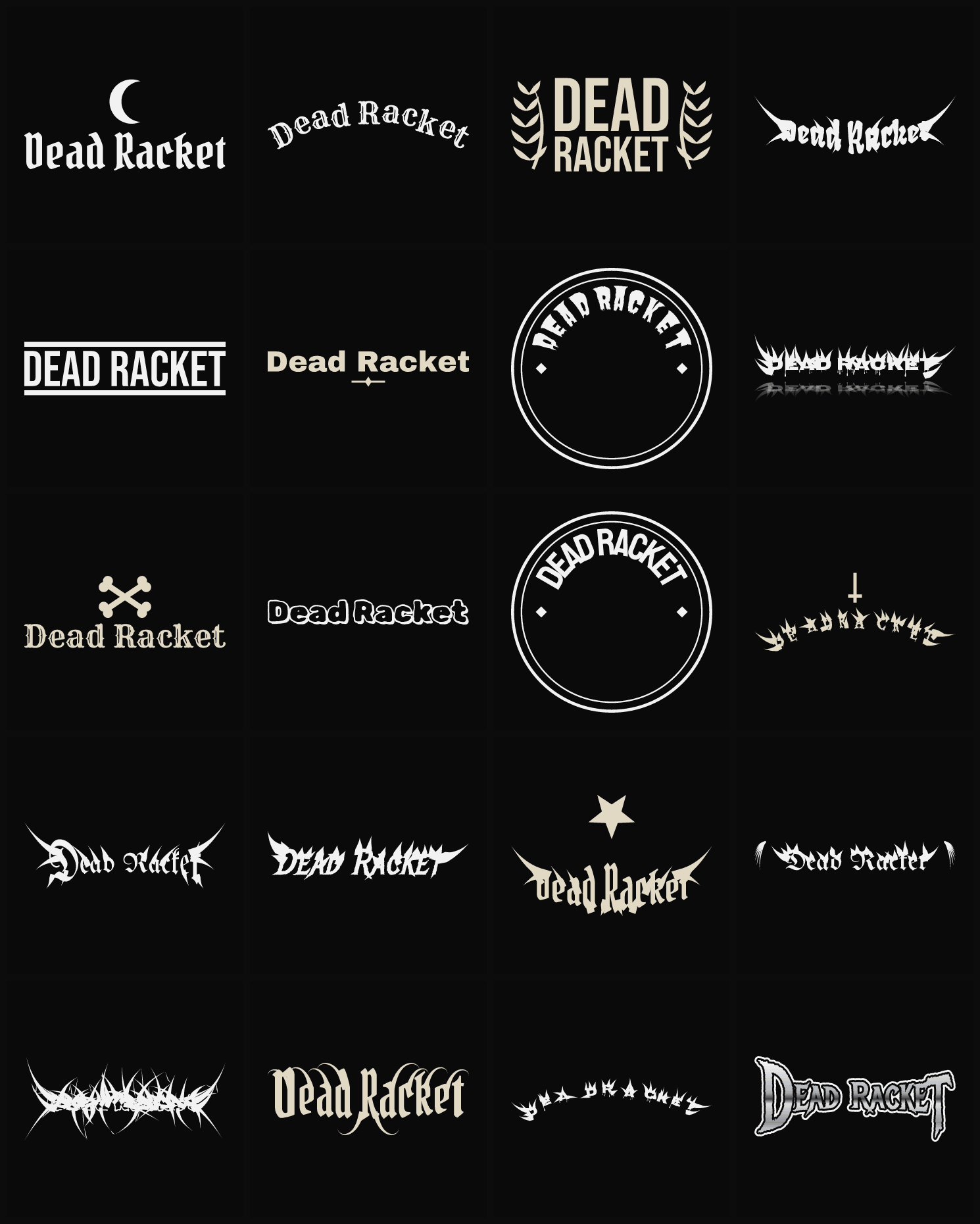Twenty Dead Racket band logo ideas — different faces, treatments and spike settings