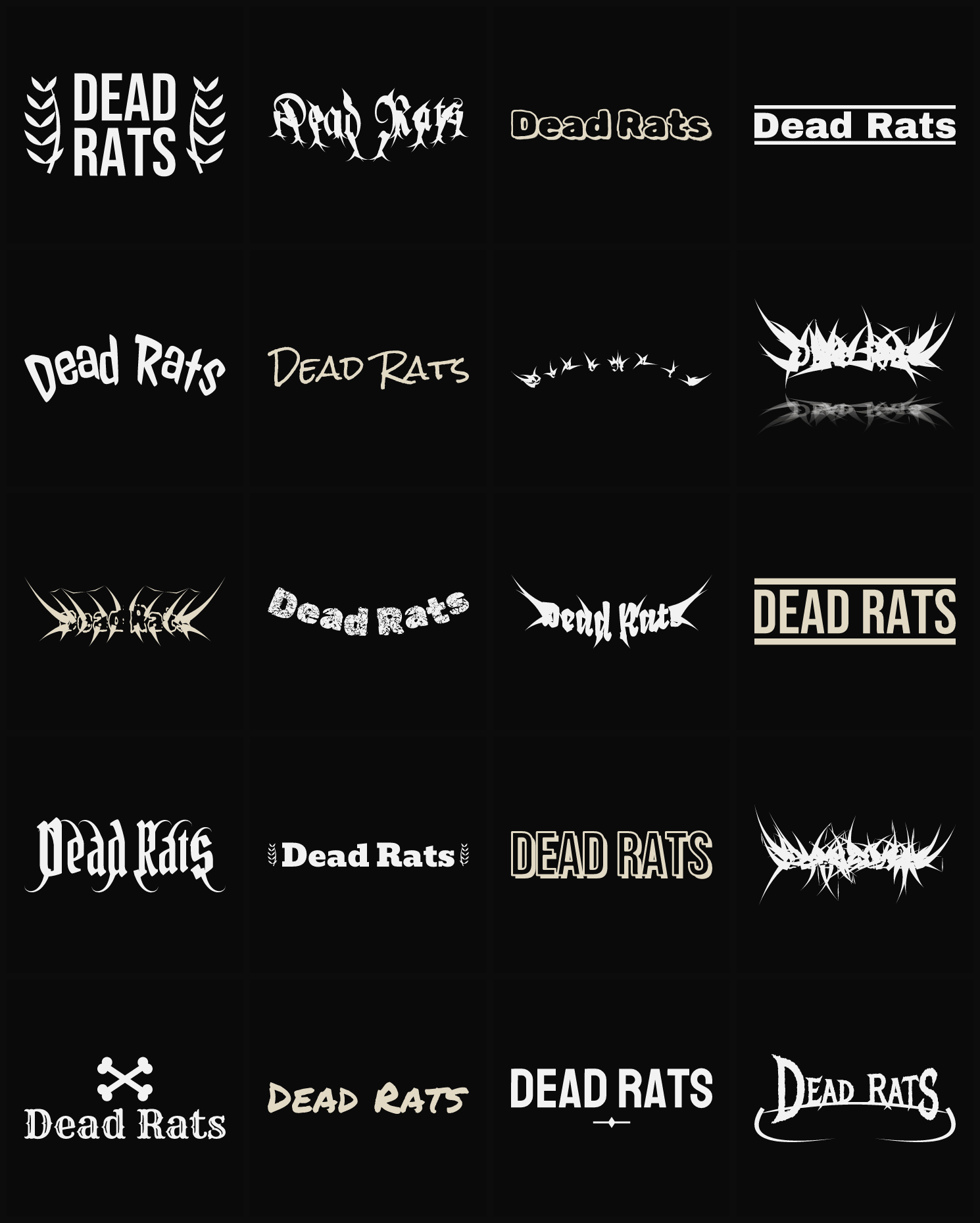 Twenty Dead Rats band logo ideas — different faces, treatments and spike settings