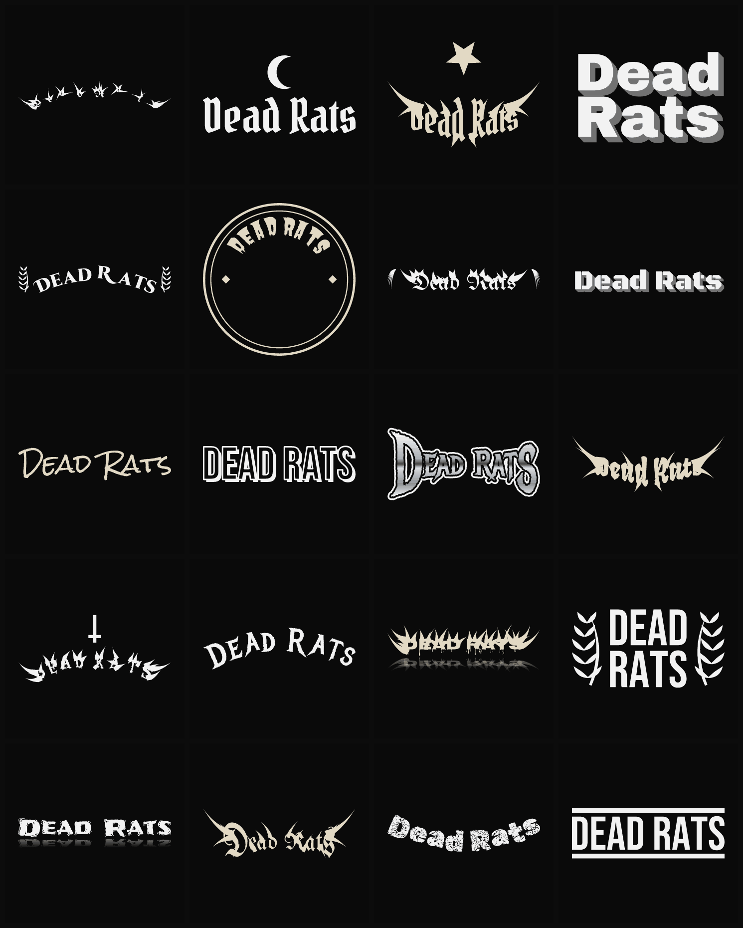 Twenty Dead Rats band logo ideas — different faces, treatments and spike settings