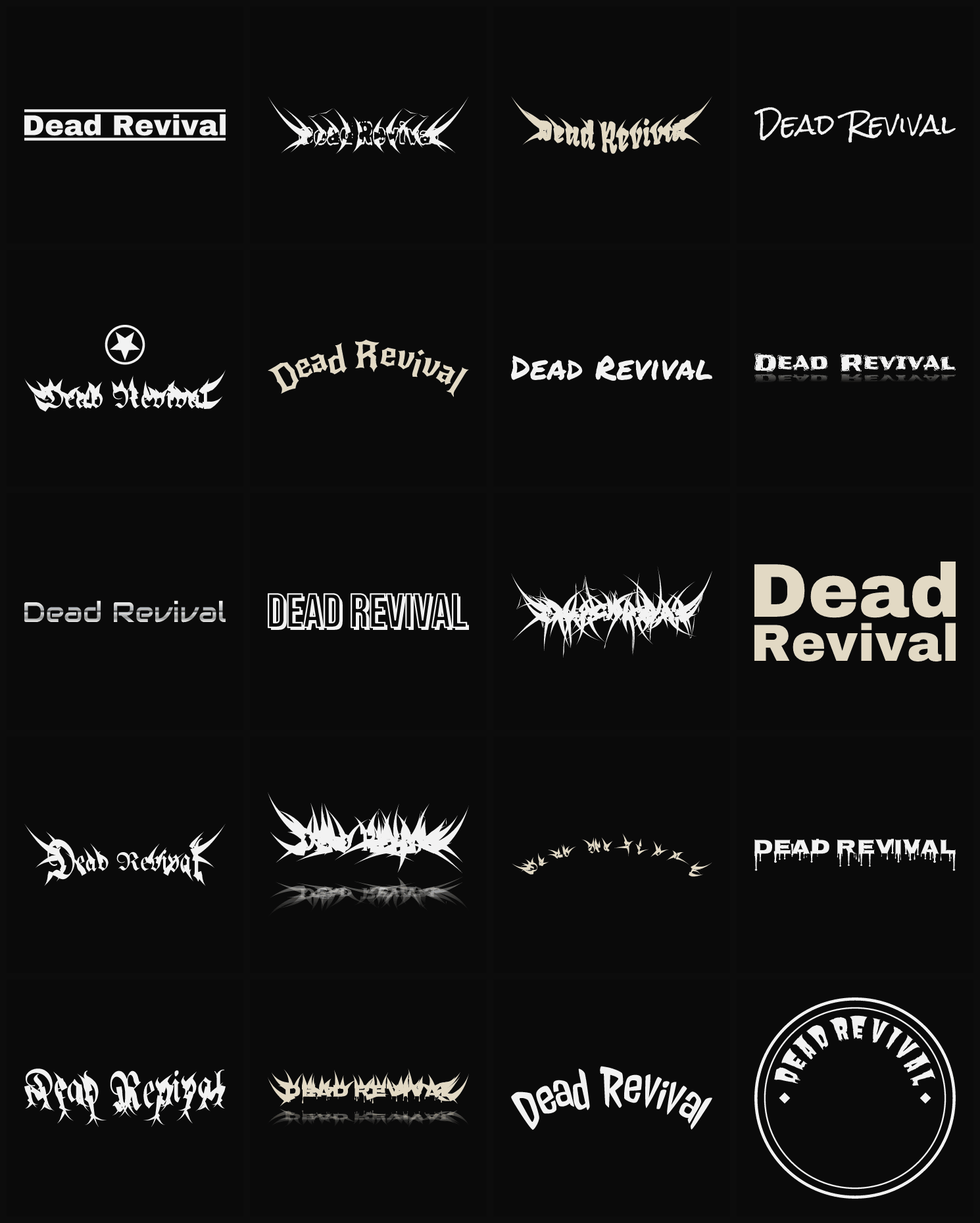 Twenty Dead Revival band logo ideas — different faces, treatments and spike settings