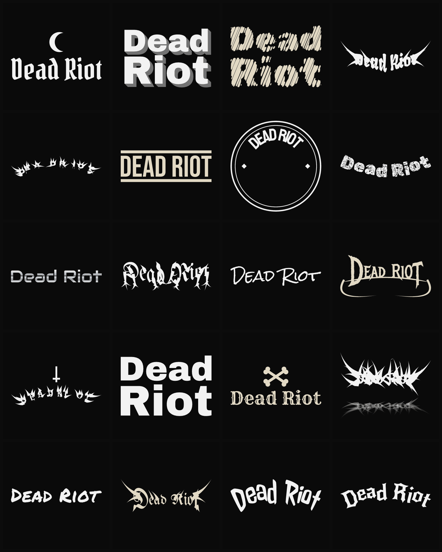 Twenty Dead Riot band logo ideas — different faces, treatments and spike settings