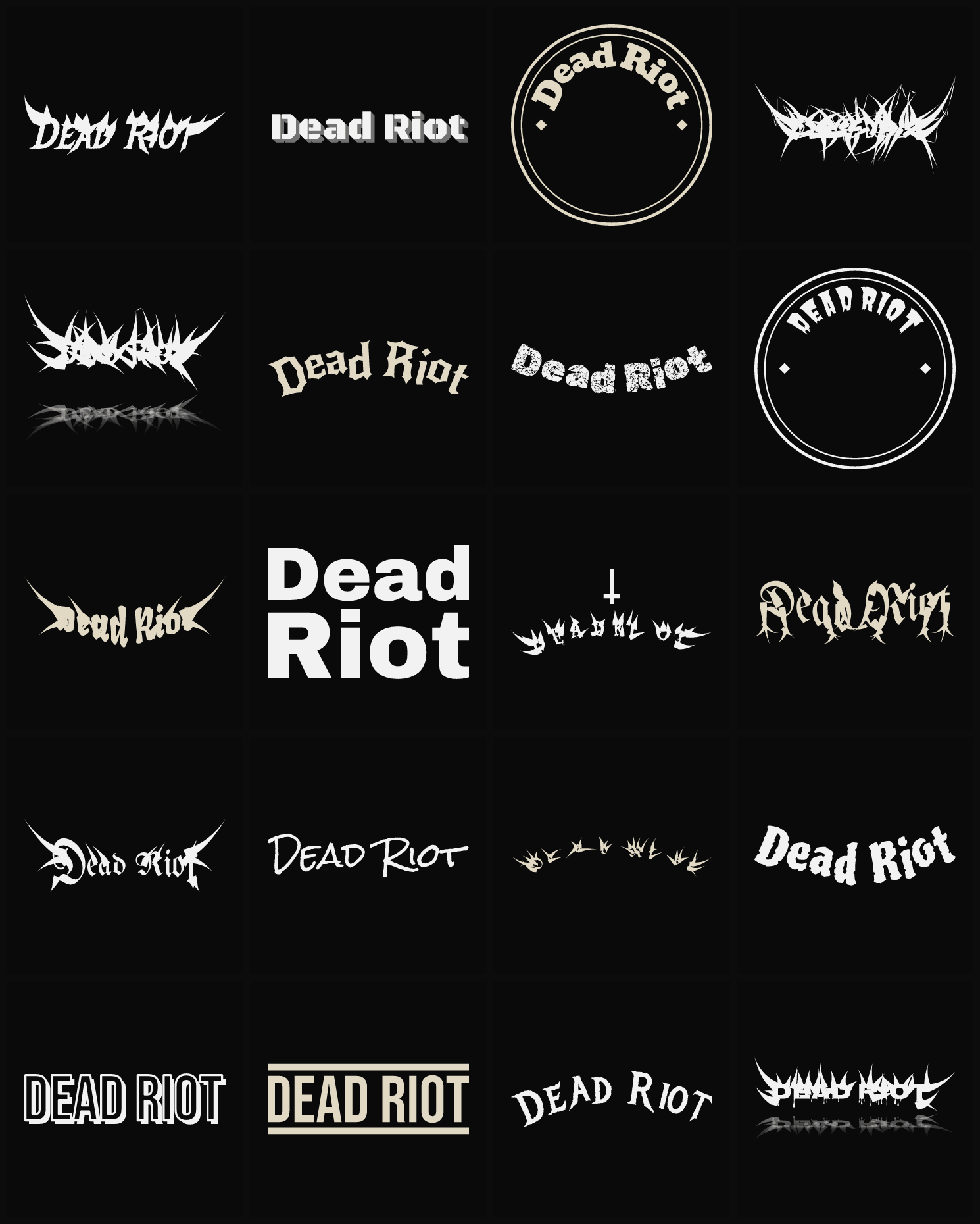 Twenty Dead Riot band logo ideas — different faces, treatments and spike settings