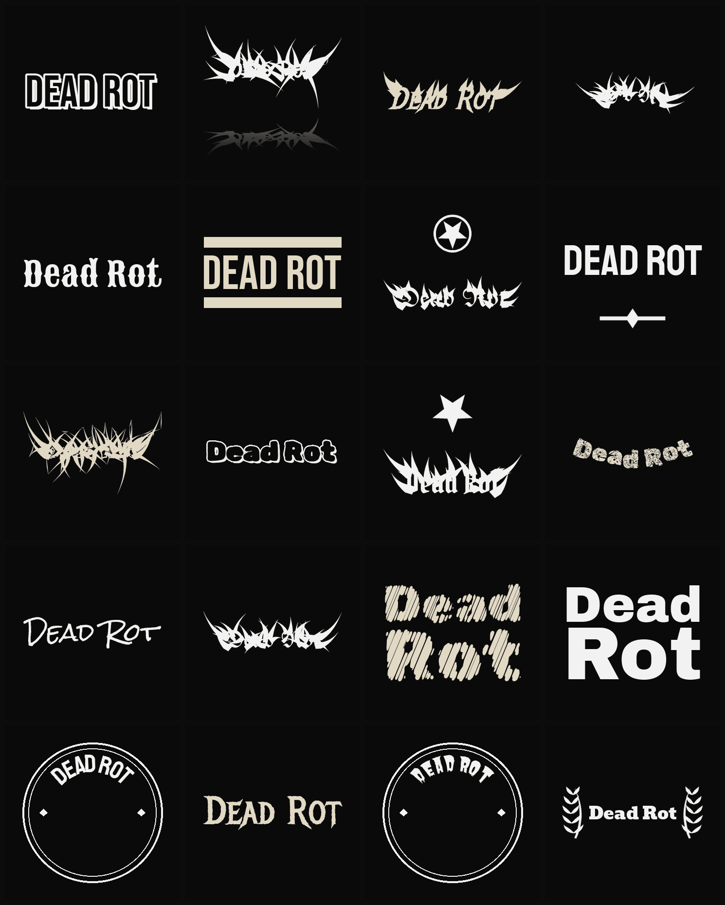 Twenty Dead Rot band logo ideas — different faces, treatments and spike settings