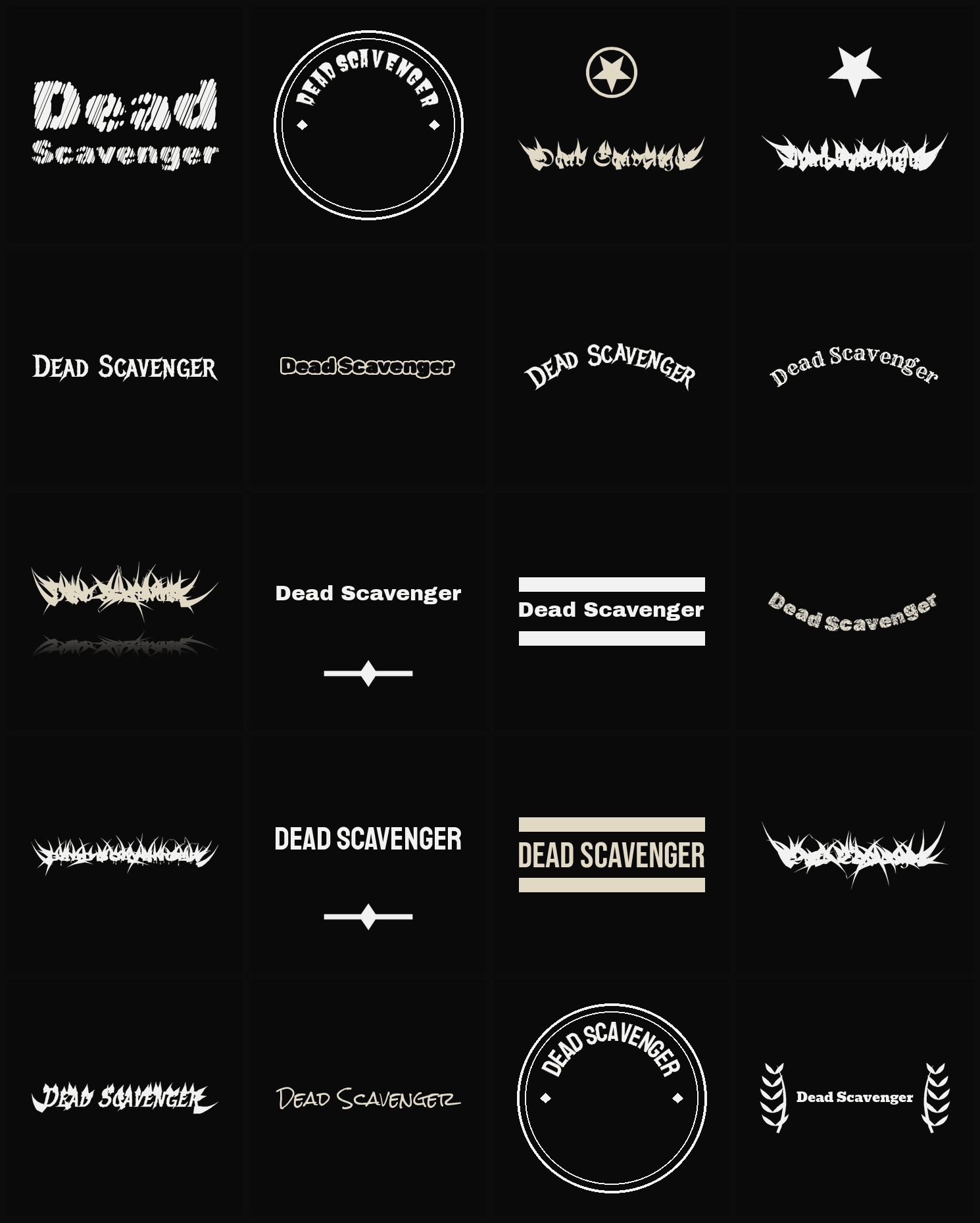 Twenty Dead Scavenger band logo ideas — different faces, treatments and spike settings