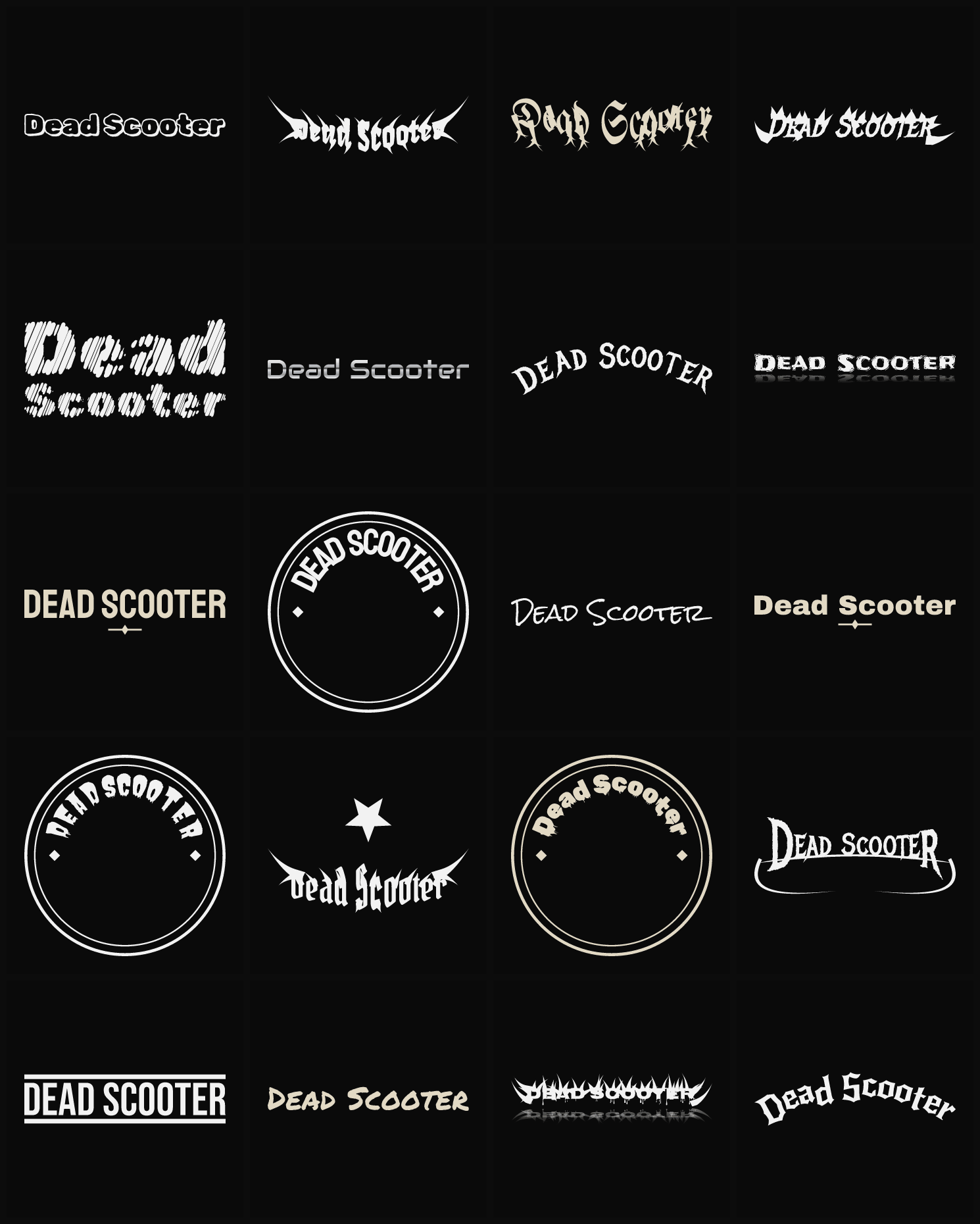 Twenty Dead Scooter band logo ideas — different faces, treatments and spike settings