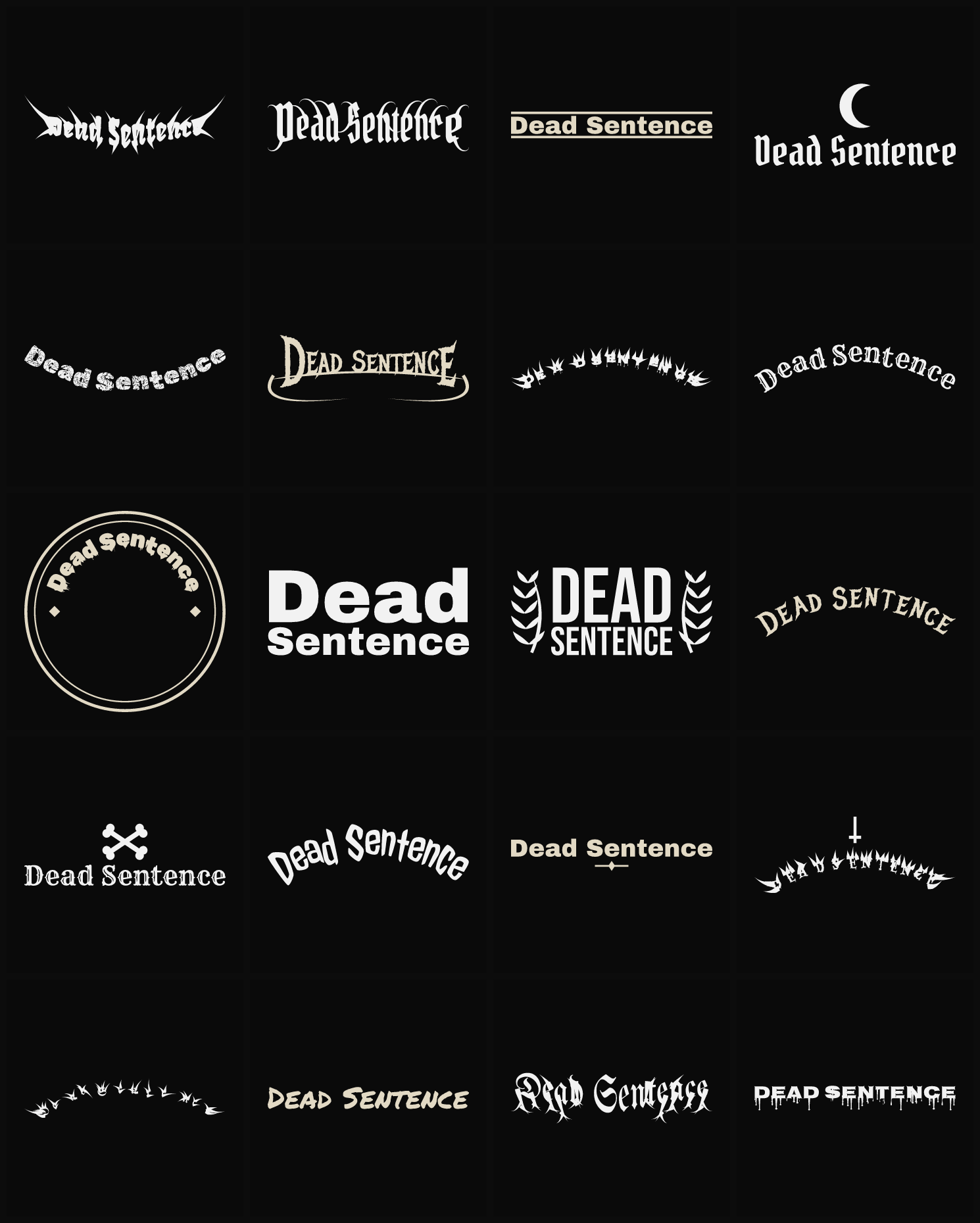Twenty Dead Sentence band logo ideas — different faces, treatments and spike settings