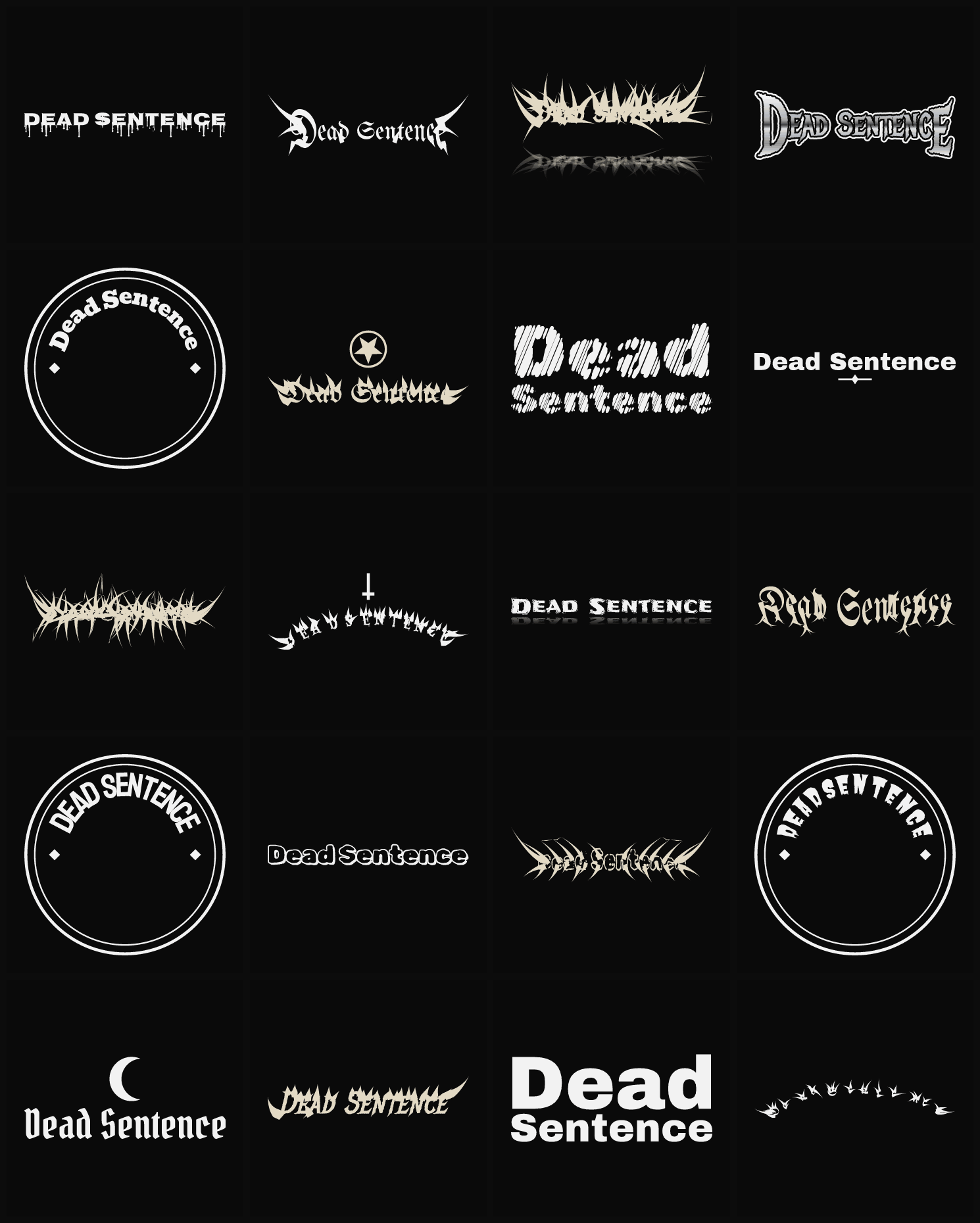 Twenty Dead Sentence band logo ideas — different faces, treatments and spike settings