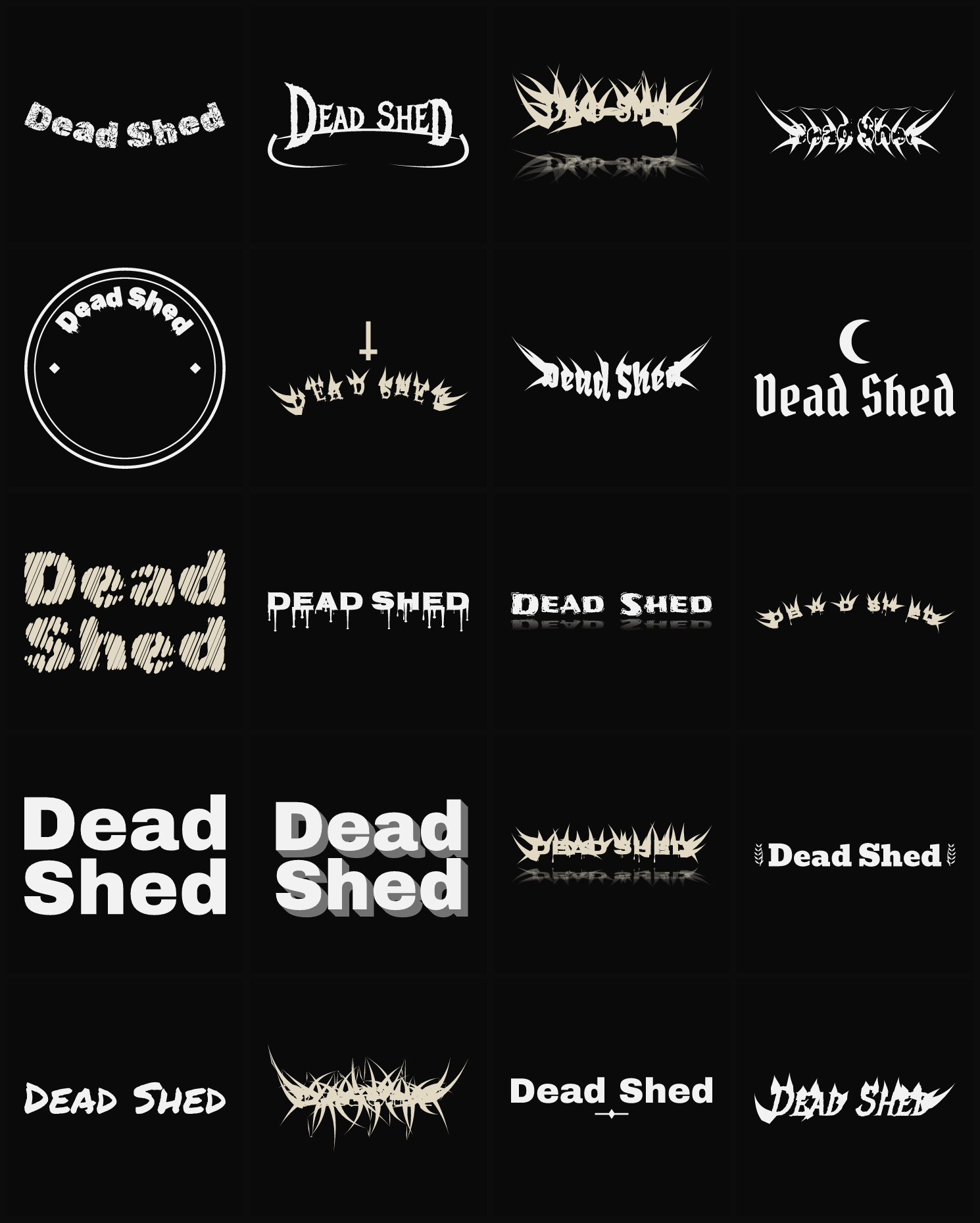 Twenty Dead Shed band logo ideas — different faces, treatments and spike settings