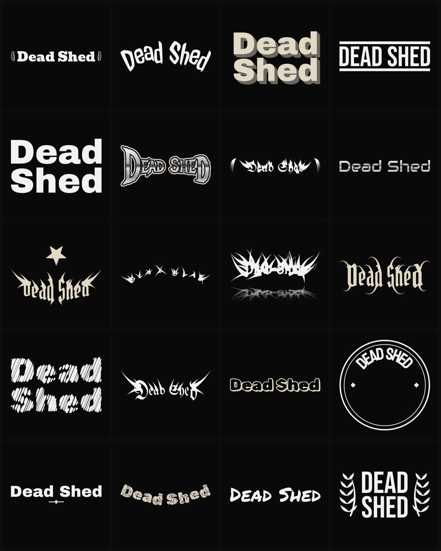 Twenty Dead Shed band logo ideas — different faces, treatments and spike settings