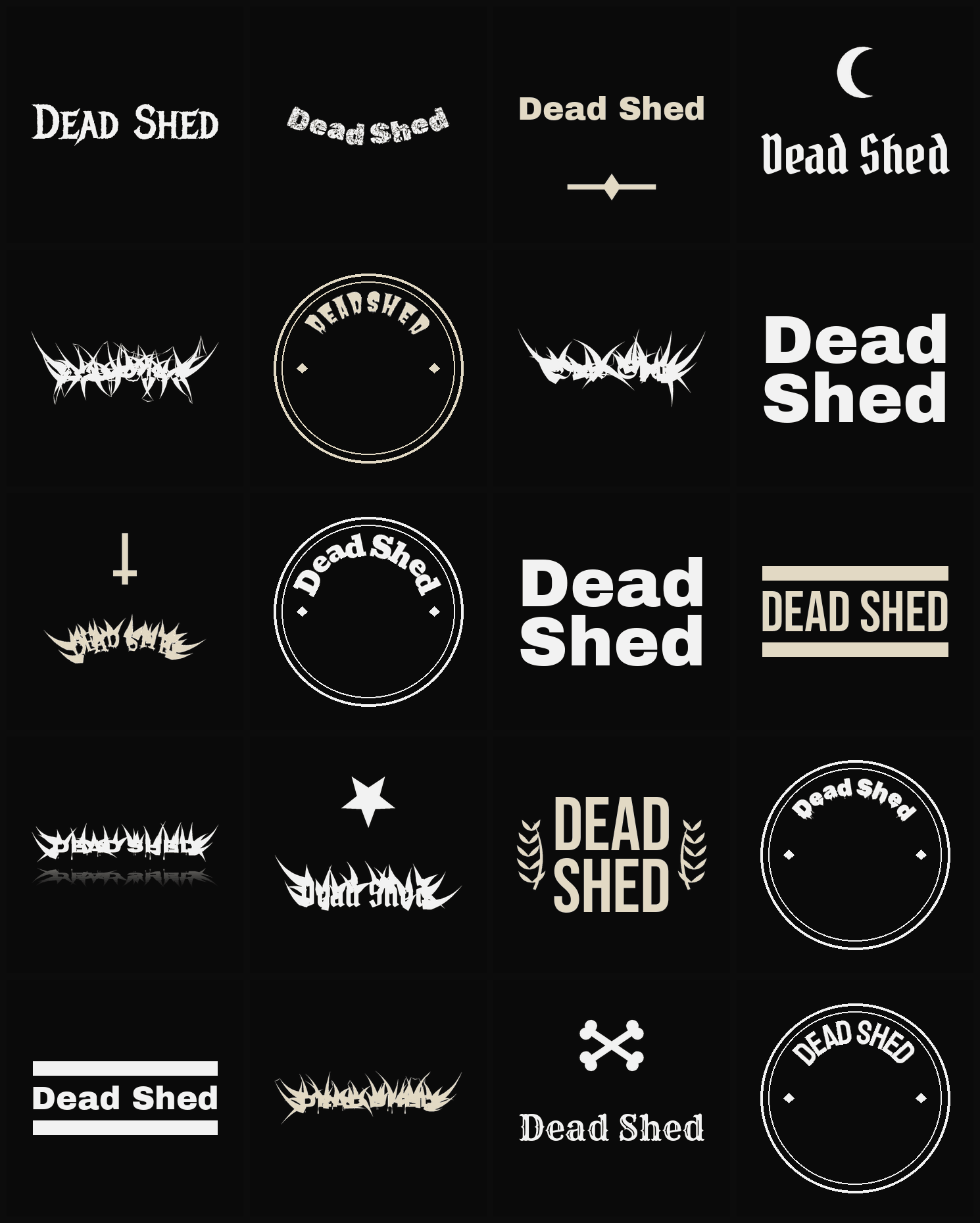 Twenty Dead Shed band logo ideas — different faces, treatments and spike settings