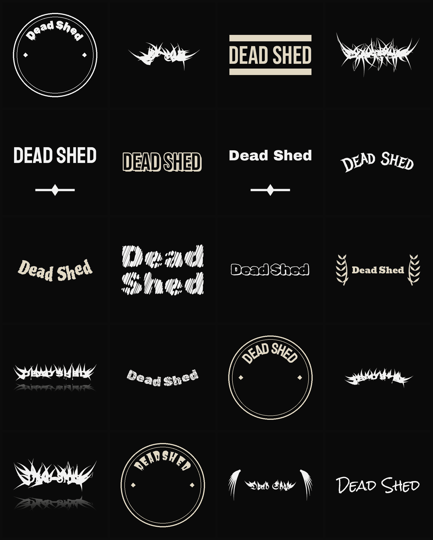 Twenty Dead Shed band logo ideas — different faces, treatments and spike settings