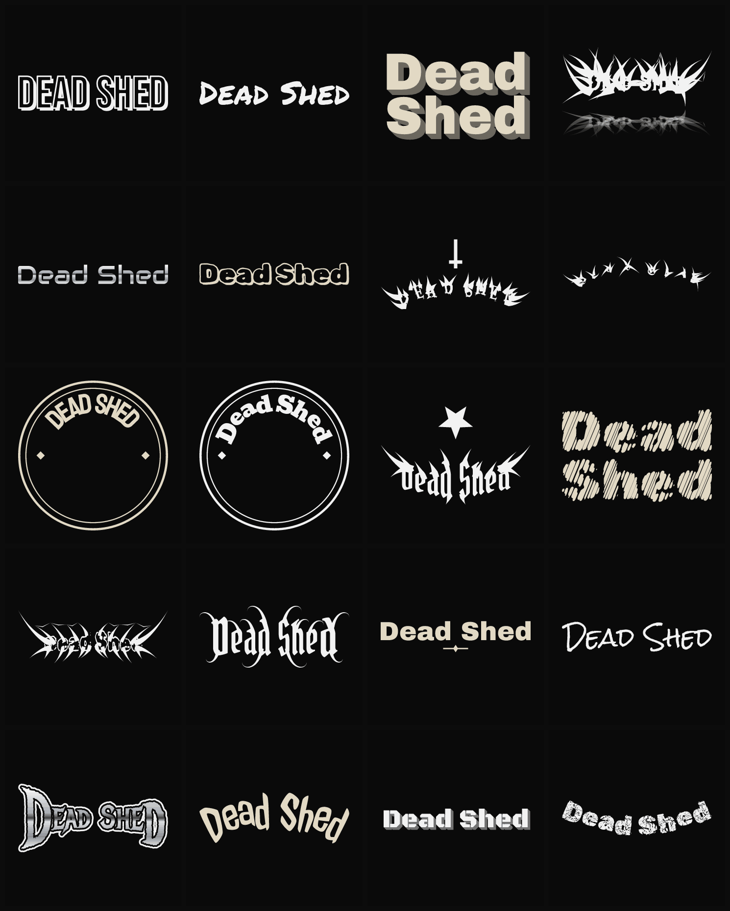 Twenty Dead Shed band logo ideas — different faces, treatments and spike settings