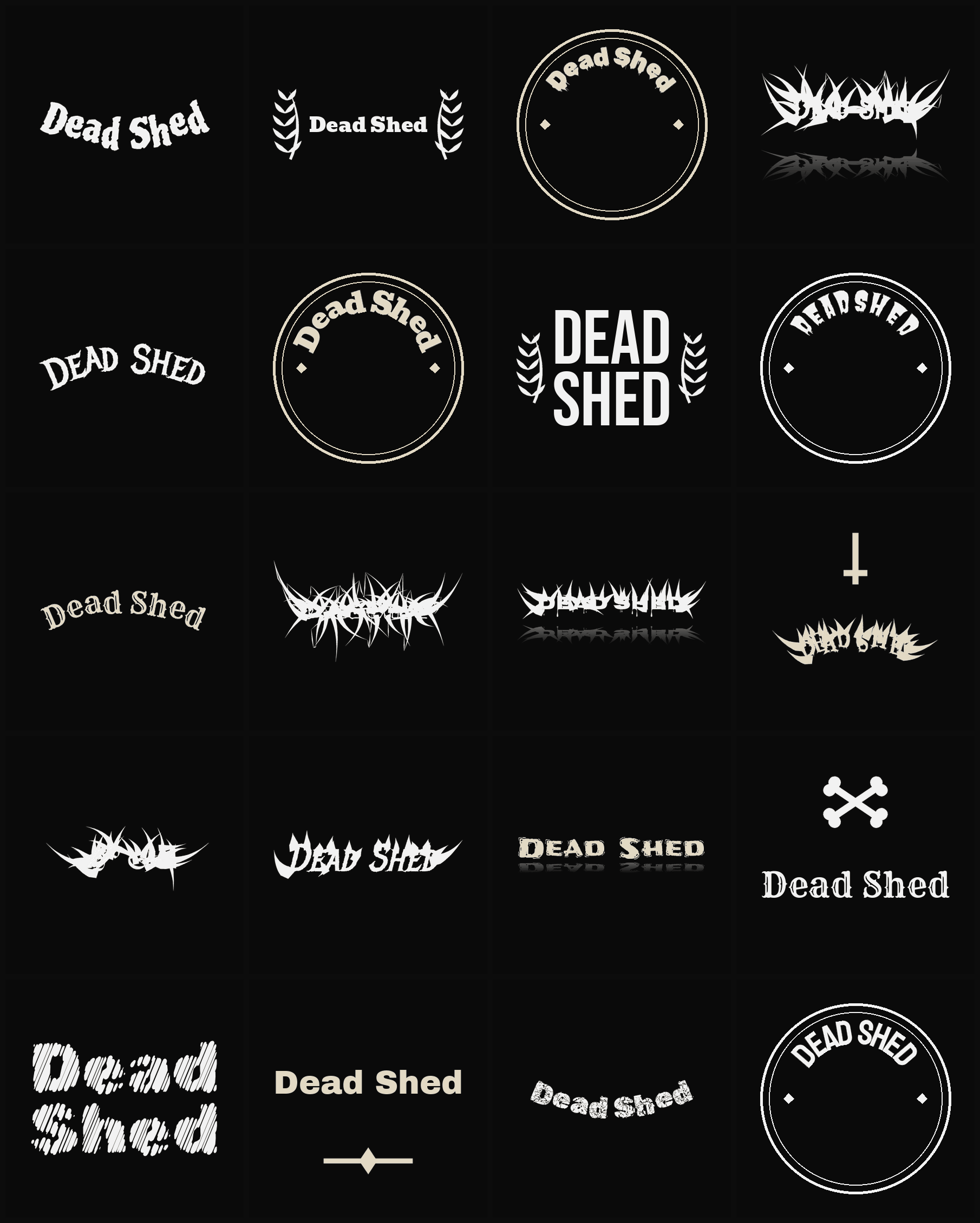 Twenty Dead Shed band logo ideas — different faces, treatments and spike settings